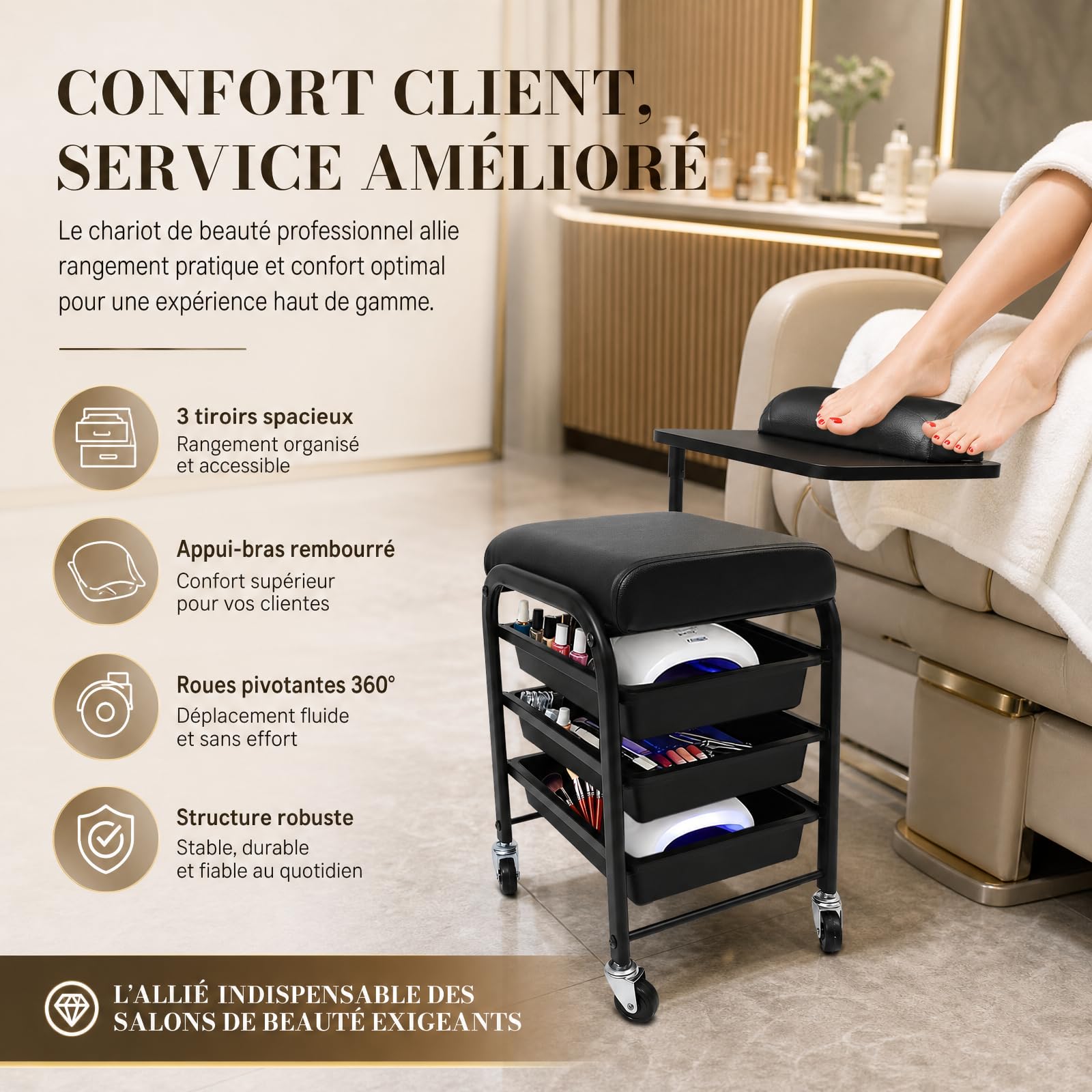 Przenośny wózek do kąpieli stóp, wózek do kąpieli stóp, pedicure, podnóżka lub pedicure, wózek do manicure, wózek do manicure, 3 szuflady, 4 uniwersalne kółka i obrotowa taca do kąpieli stóp