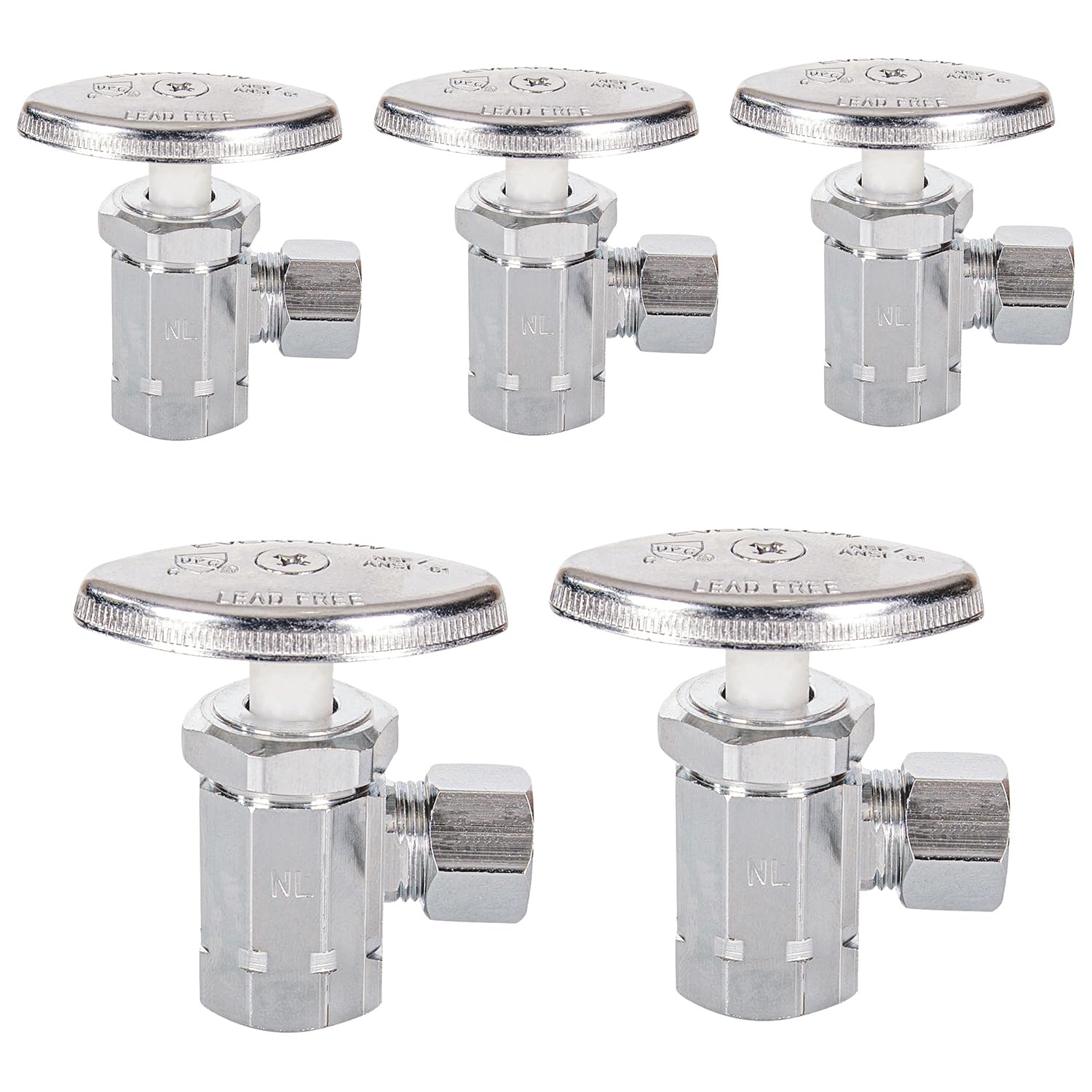 Midline Valve 71138QS-OM-5 Water Supply Stop Valve with Multi-Turn Wheel; Angle Shut-off for Toilet, Sink, Dishwasher, Heater; 3/8'' FIP x 3/8'' Compression; Chrome Plated Brass (5 PK)