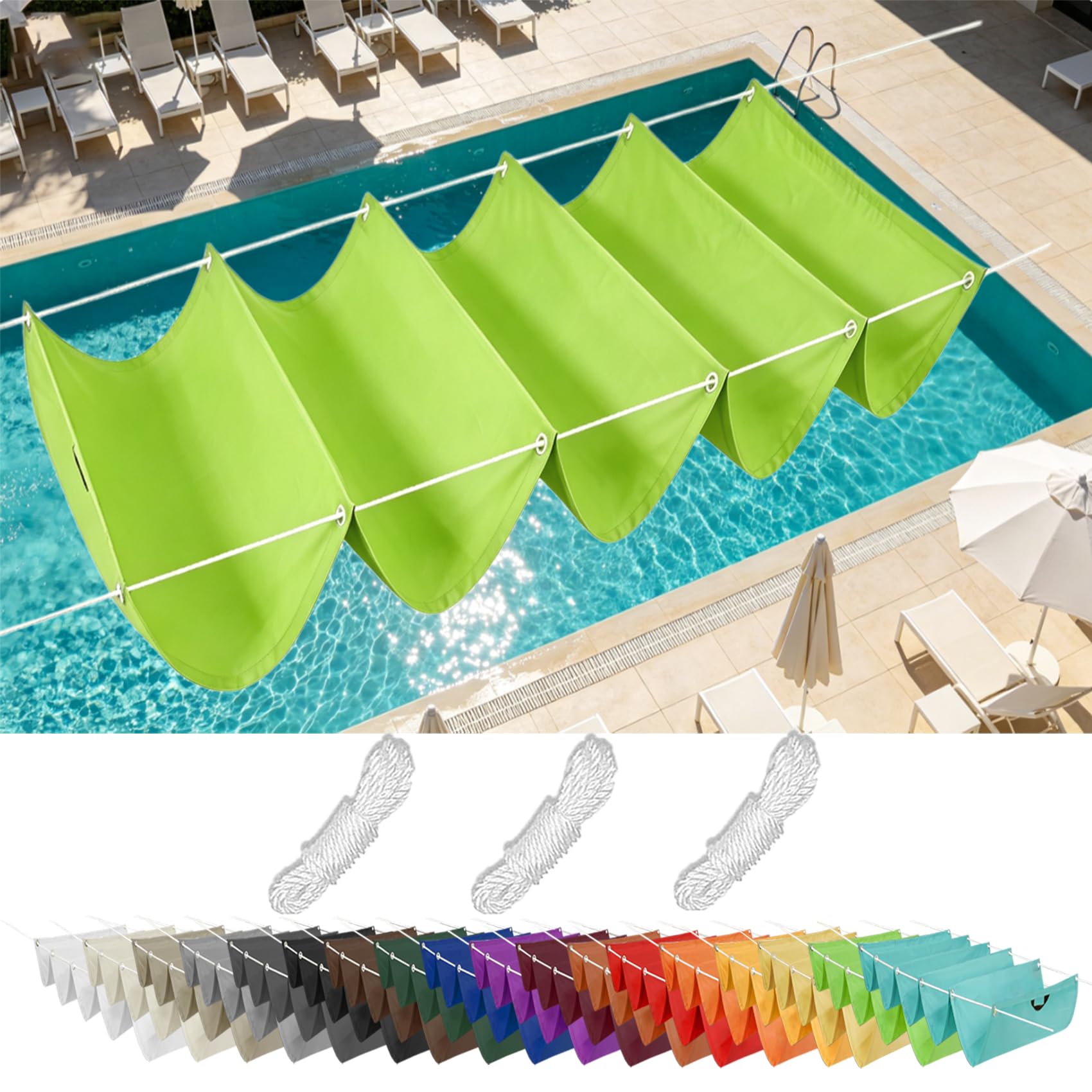 Voile d'ombrage anti-déchirure wave avec œillets et corde vert tendre