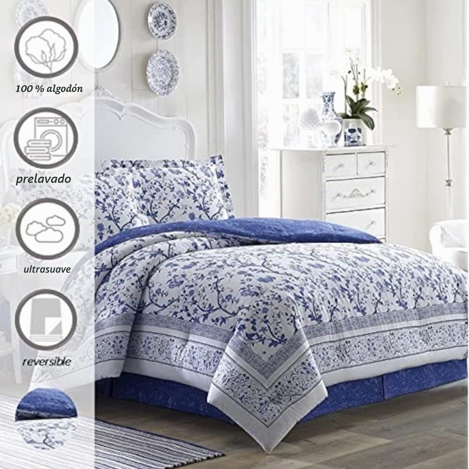 Laura Ashley - Juego de Funda de edredón Individual, Ropa de Cama Reversible de algodón con Funda a Juego, decoración del hogar para Todas Las Estaciones (Azul Charlotte, Individual)