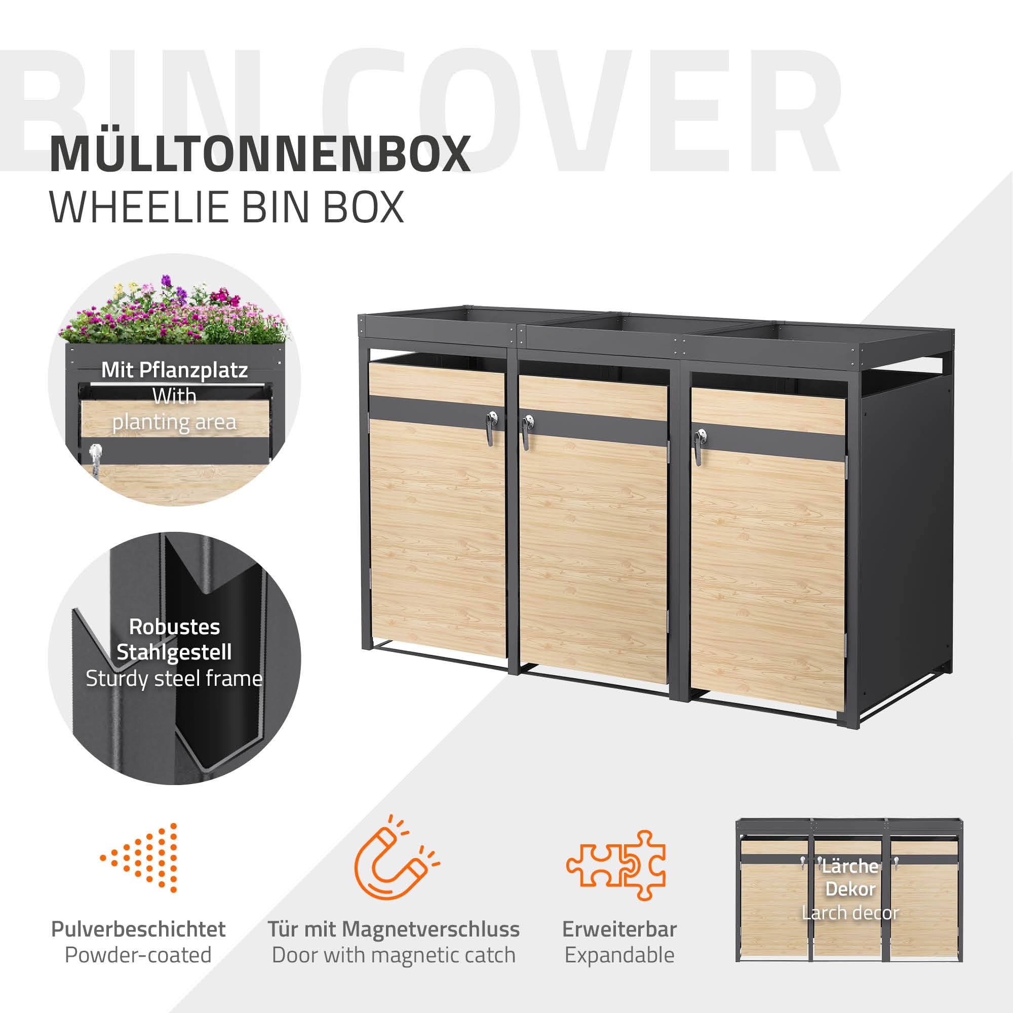 ML-Design Mülltonnenbox 3er 240L mit Pflanzdach, Mülltonnenverkleidung für 3 Mülltonnen, Müllbox wetterfest Mülltonnenhaus aus Stahl, Müllcontainer, abschließbare Tür 200x80x124 cm Anthrazit-Holzoptik