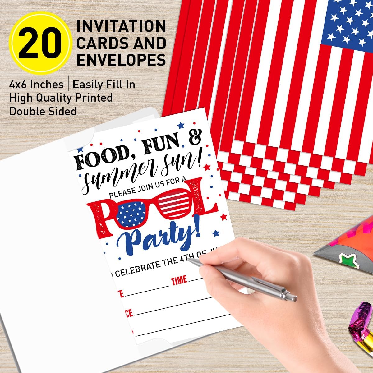 4th of July Invitations Pool Party with Envelopes, Summer Party Patriotic Invites, Independence day Invite Cards, Food Fun & Summer Fun, 4"x6" Set of 20