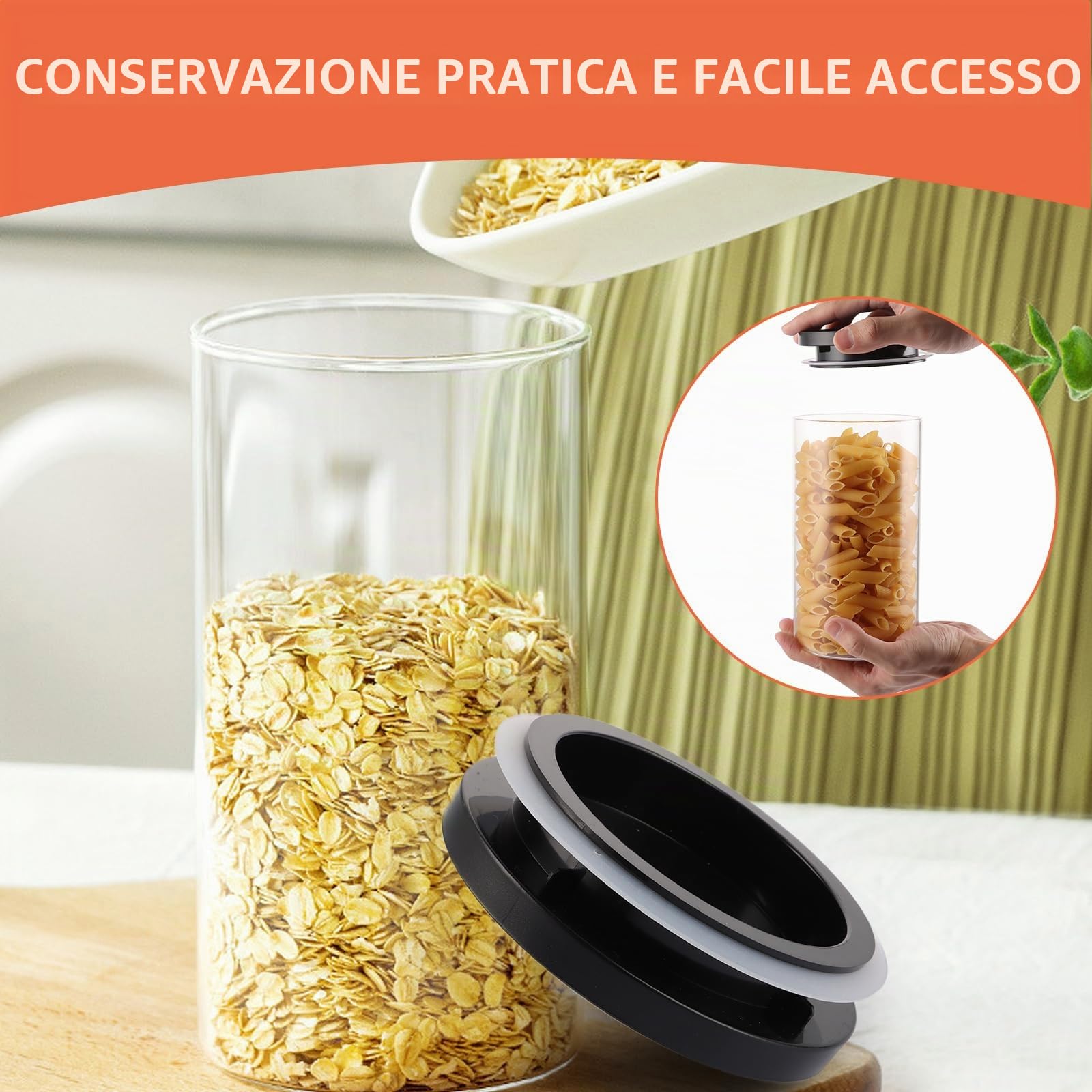 YAYODS 4 barattoli in vetro con coperchio, 1,2 l, con coperchio, ermetici, piccoli, con coperchio, colore nero, per chicchi di caffè, spaghetti, farina, zucchero