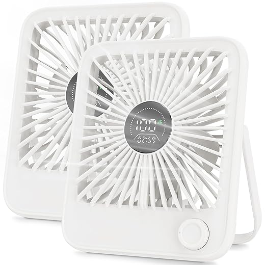 Ouddy Mode 2 Pack Small Desk Fan, Rechargeable Quiet Portable Travel Fan with 100 Wind Speeds Digital Display White Personal Fans for Office Bedroom Home Outdoor