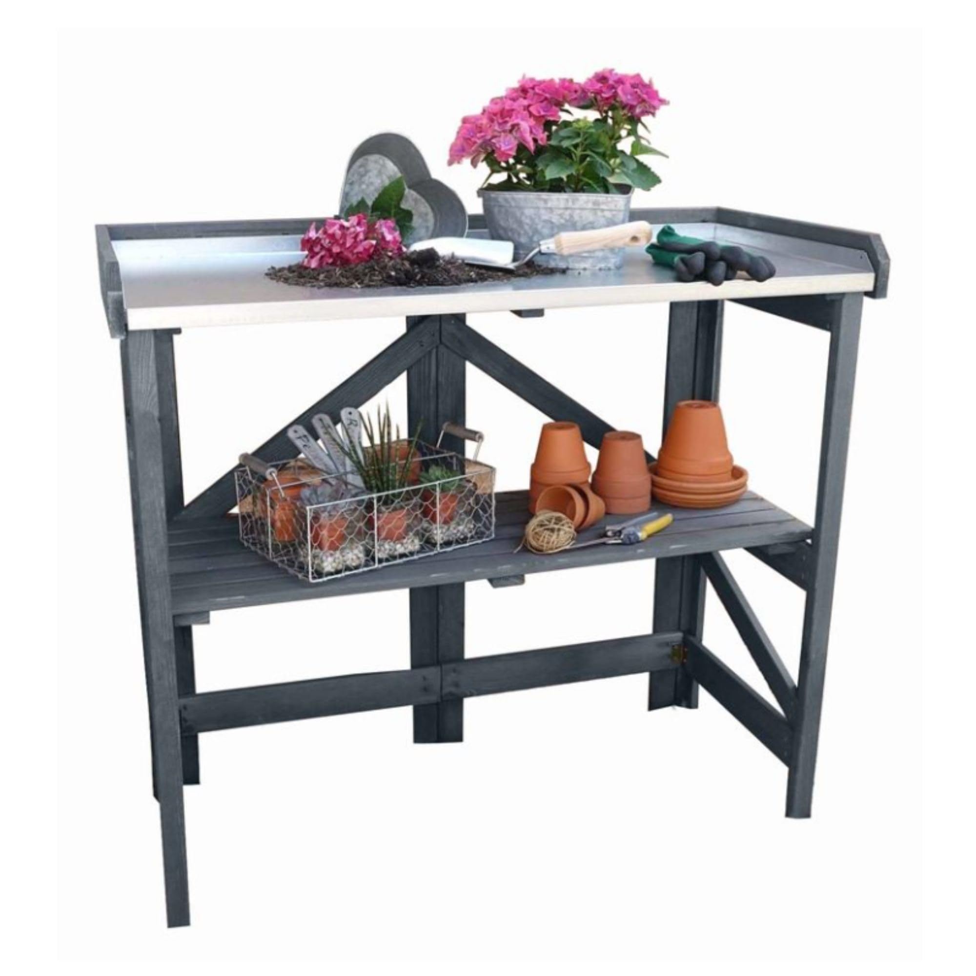 Promadino Grey Garden Potting Table With Zinc Plated Worktop, 2 Tier Bench, Germination Table And Garden Work Station