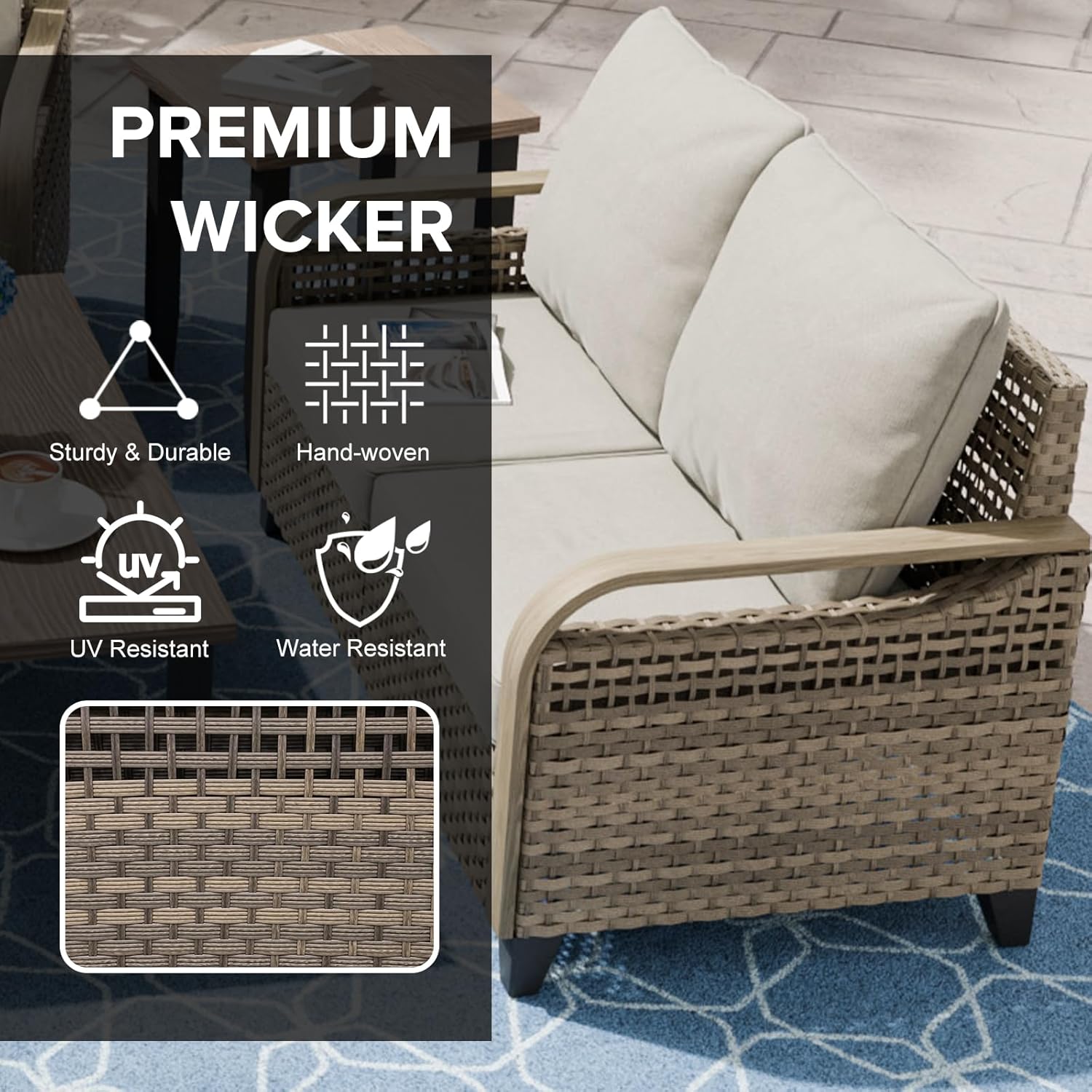 COOS BAY Modern Wicker Outdoor Sofa, 2 Seat Patio Loveseat with Cushions, Outdoor Furniture for Garden, Backyard, Deck, 500 lbs Capacity, Brown/Gray