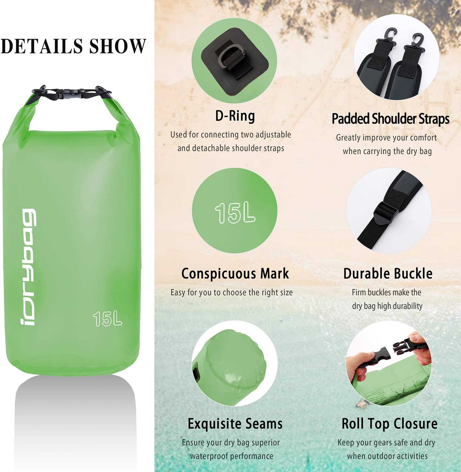IDRYBAG Clear Dry Bag Waterproof Floating 2L/5L/10L/15L/20L, Lightweight Dry Sack Water Sports, Marine Waterproof Bag Roll Top for Kayaking, Boating, Canoeing, Swimming, Hiking, Camping, Rafting