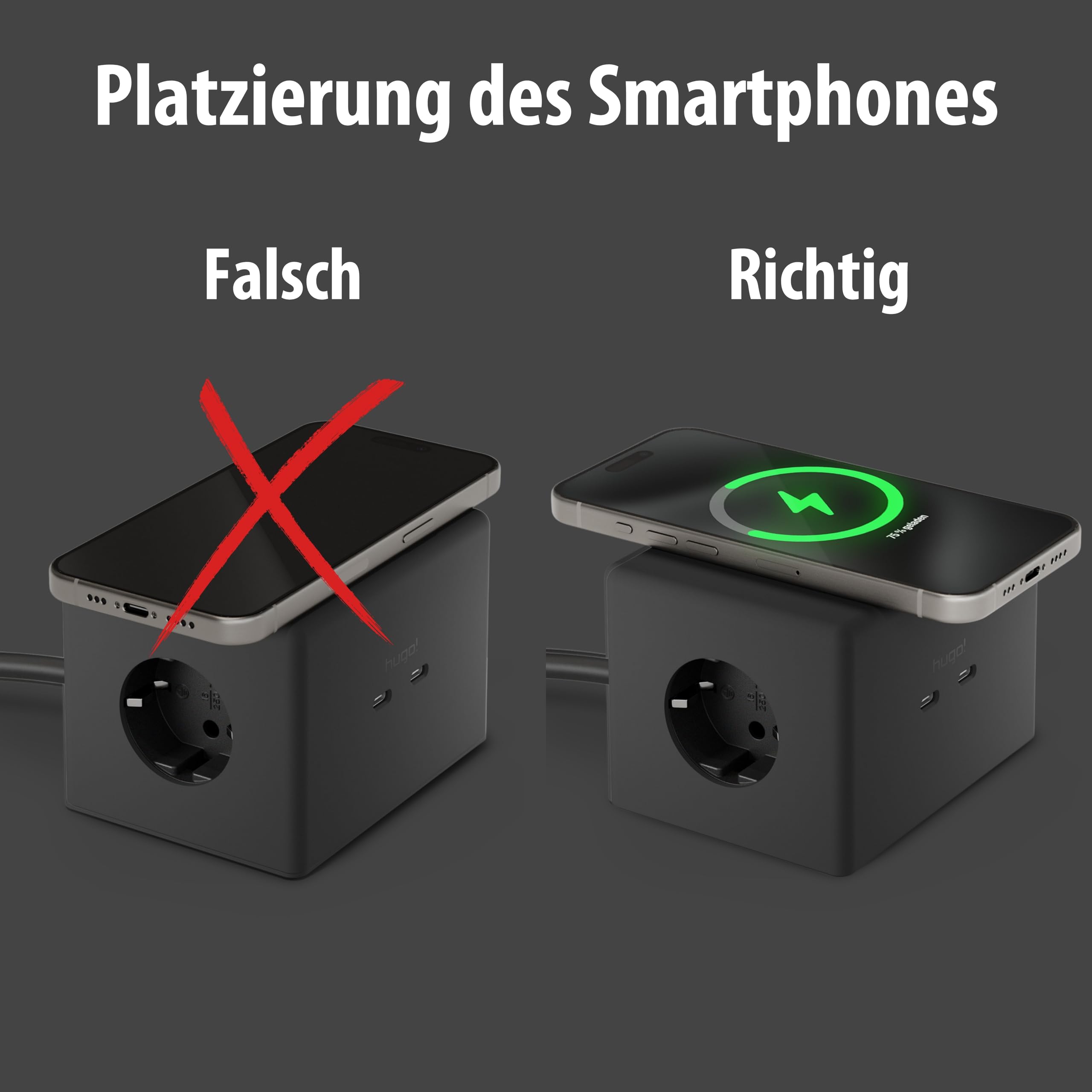 Brennenstuhl Hugo! One 2nd Gen. Cubo de enchufes con USB C 20W PD | (cargador inalámbrico, regleta USB C, interruptor táctil, estación de carga inductiva con cable de 2m) negro intenso