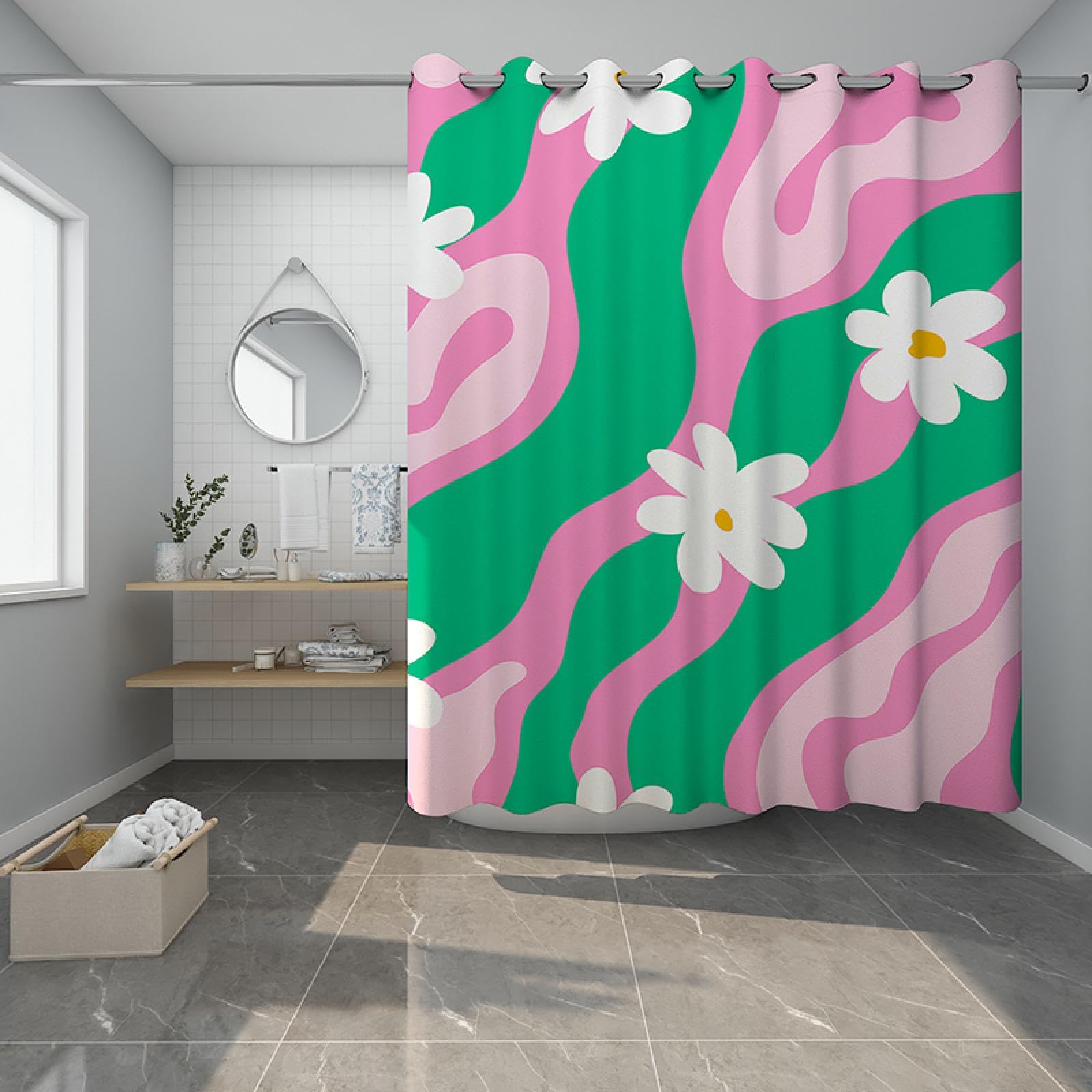 Rideau De Douche Floral Imperméable - Tissu Polyester Avec Crochets - Motifs Fleurs & Papillons