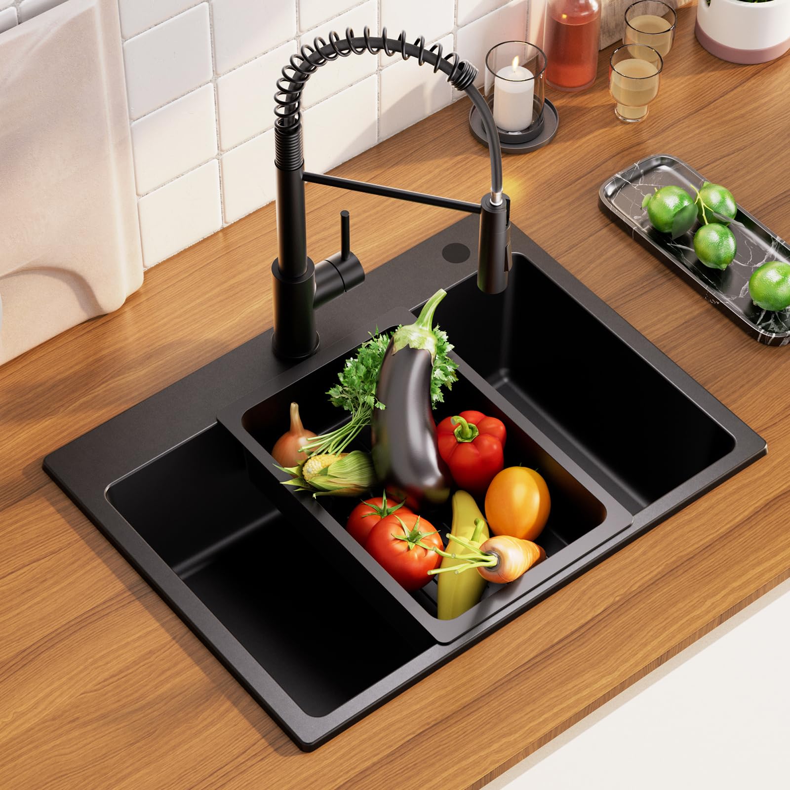 Set di lavello da cucina in granito nero, 60 x 45 cm, con miscelatore e rubinetto girevole a 360°, 2 tipi di getti