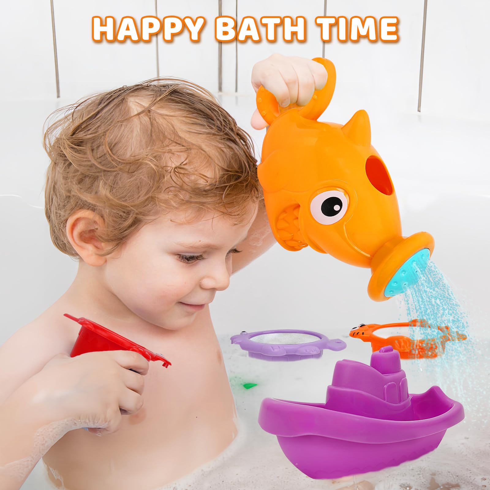 Juguetes de baño para bebés de 1 a 3 años, 13 juguetes de bañera para bebés de 6 a 12 a 18 meses, juguetes de baño sin moho para niños de 2 a 4 años, vasos apilables y regadera, juguetes de mesa de 5