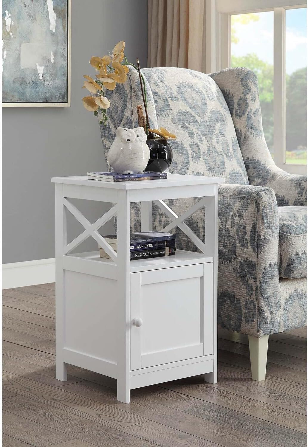 HomeStock French Fabulous End Table with Cabinet, White, Two Shelves, Clean-Lined Design, MDF with Non-Lead Paint Finish, Stylish Cabinet Storage, 23.75" W X 13" D X 30.75" H