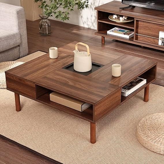 WAMPAT W02K2081A Low Table, Center Table, Square, Wooden, Coffee Table, Sitting Table, Compact Storage, Includes Hidden Storage Space, Living Room Table, Width 31.5 x Depth 31.5 x Height 13.0 inches