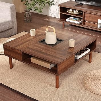 WAMPAT W02K2081A Low Table, Center Table, Square, Wooden, Coffee Table, Sitting Table, Compact Storage, Includes Hidden Storage Space, Living Room Table, Width 31.5 x Depth 31.5 x Height 13.0 inches