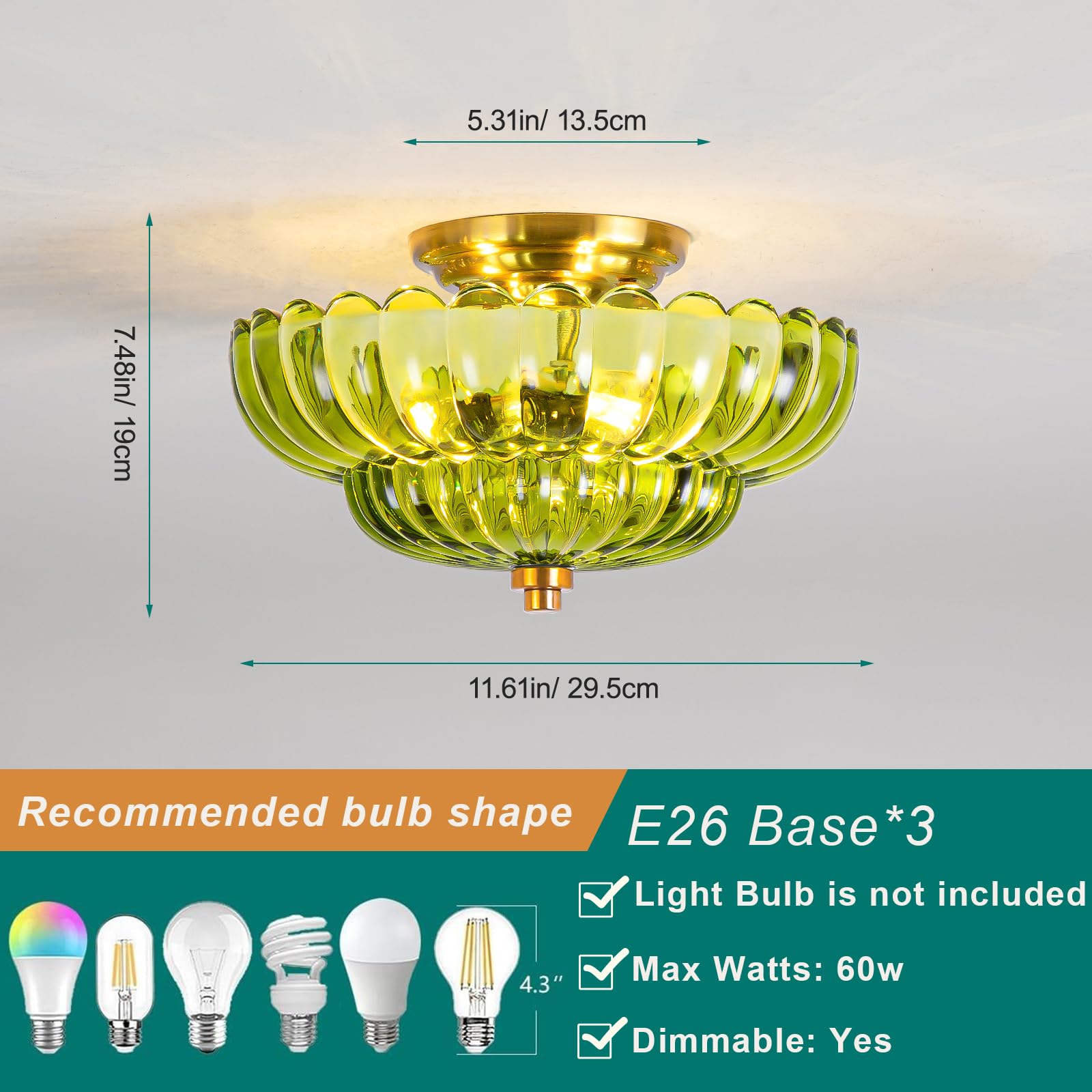 Lampa sufitowa w stylu vintage z kloszem, zielone szkło, E27, 30 cm, pół-prosta, zielona lampa sufitowa w stylu vintage, kwiaty, szkło, do sypialni, korytarza, kuchni, jadalni, salonu