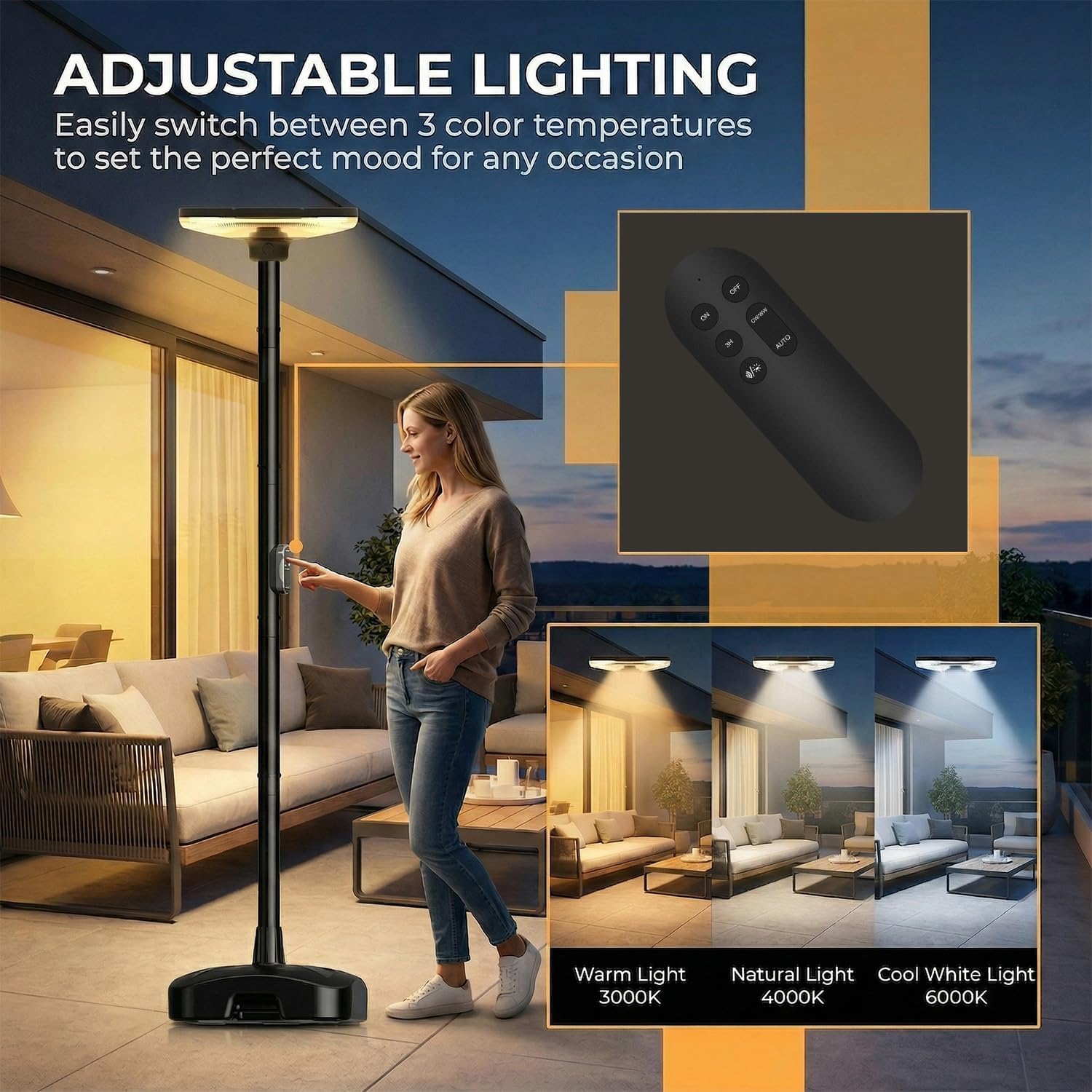 Solar Post Light Outdoor with Round Lamp Head, 2600LM Bright LED, Adjustable Height, IP65 Waterproof & All-Weather, Solar Powered for Yard, Garden, Patio, Pathway (Square Lamp Head)