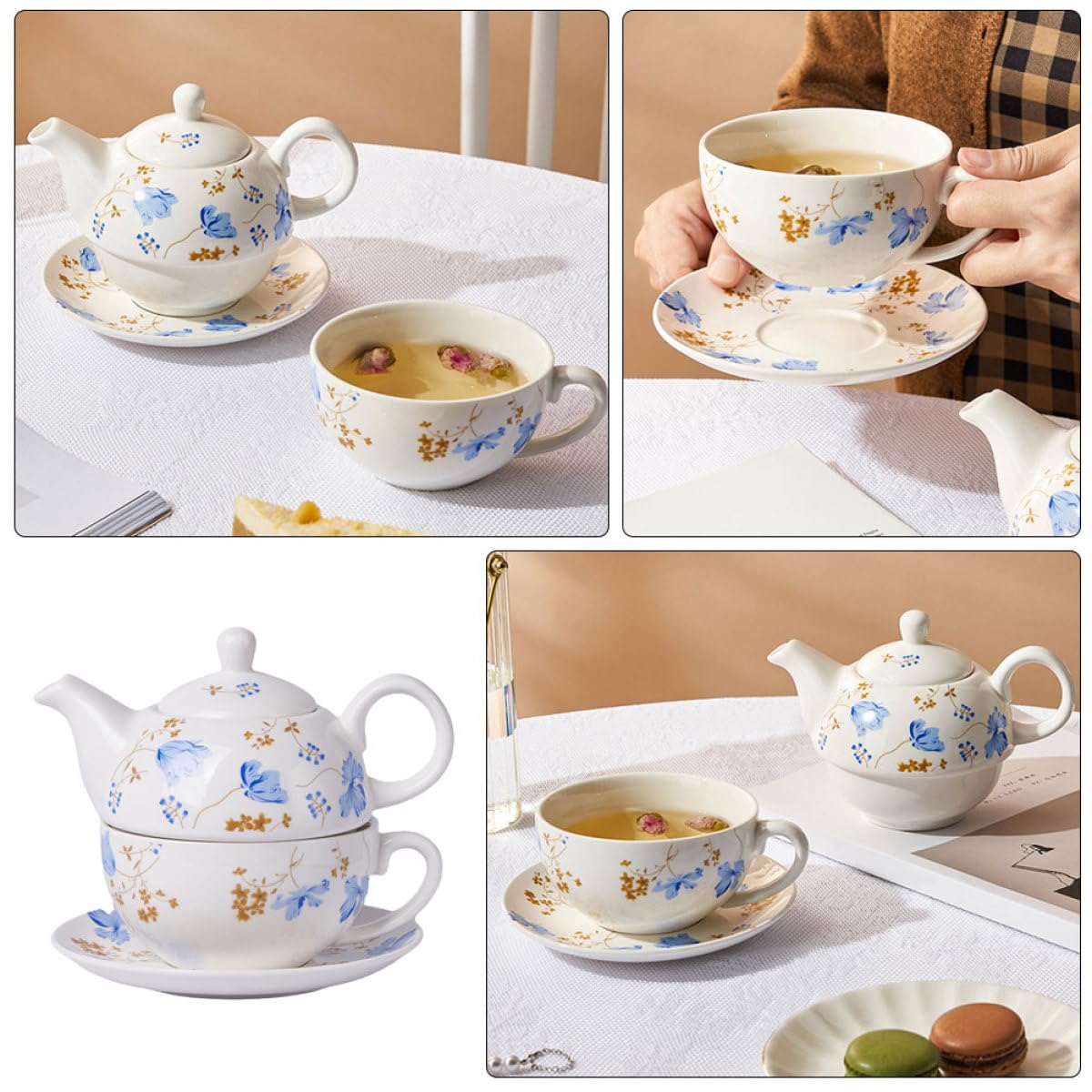 Abaodam Juego de Té de Cerámica con Tetera de 480ml y Taza de 350ml, Diseño Retro y Superficie Delicada, Adecuado para Hojas Sueltas y Agua de Frutas en Festivales o Regalos