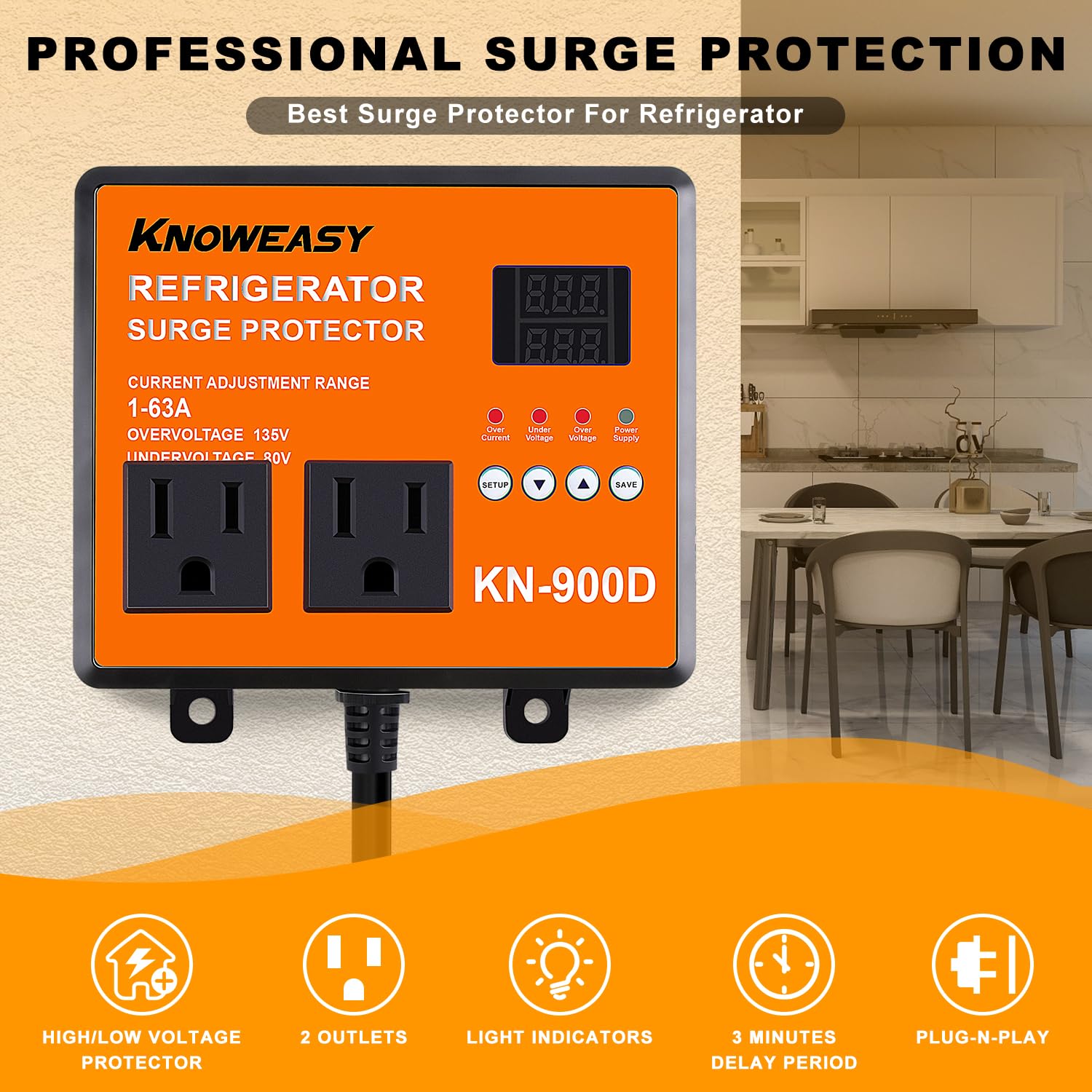 Knoweasy Refrigerator Surge Protector, Double Outlet Voltage Protector with Time Delay - Protects Home Appliances from Brownouts, Spikes, and Voltage Abnormalities, Black