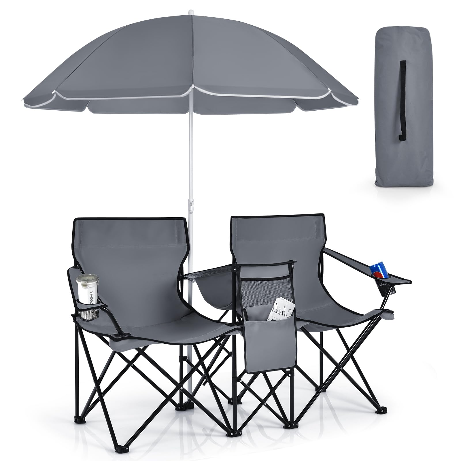 KOTEK Double Camping Chair, Folding Camp Chair with Removable Umbrella, Cup Holders, Cooler Bag, Side Pocket & Carry Bag, 2-Person Beach Chair for