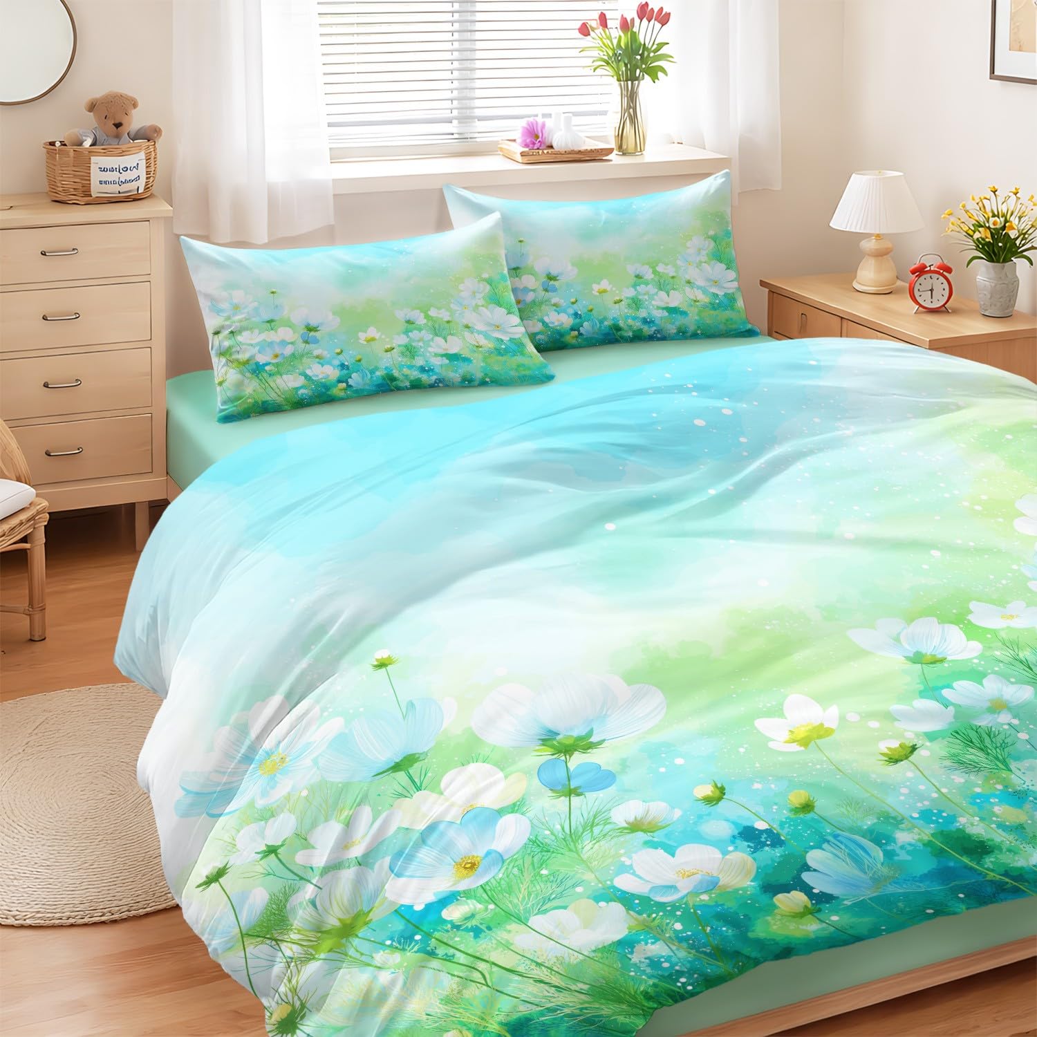Housse de couette enfant haut de gamme motif botanique frais et drap housse assorti esthétique