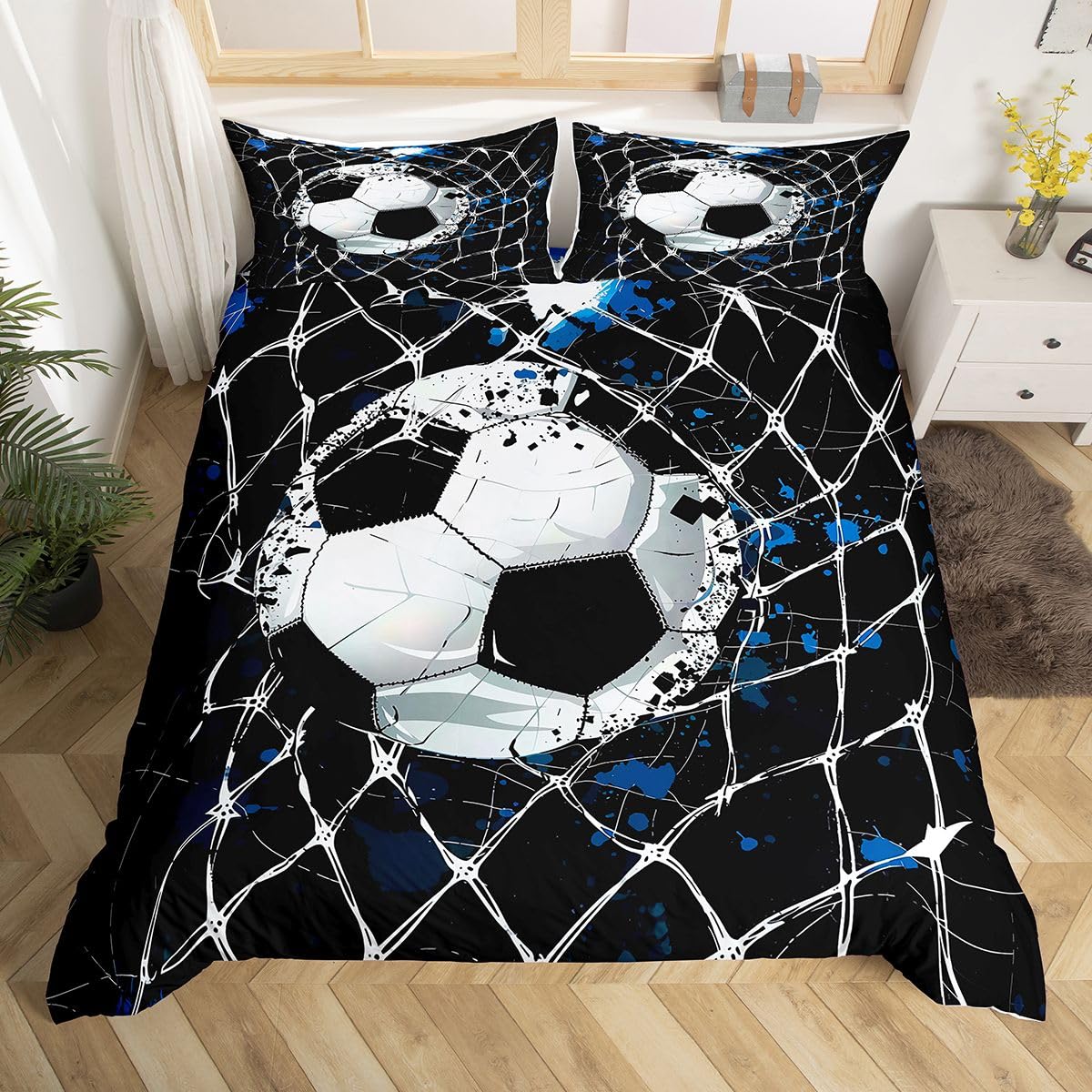 Homewish Piłka nożna King Size poszewka na kołdrę piłka bramka zestaw pościeli piłka sport gry kołdra poszewka na kołdrę dla dzieci chłopców nastolatków dorosłych abstrakcyjna geometryczna pęknięta