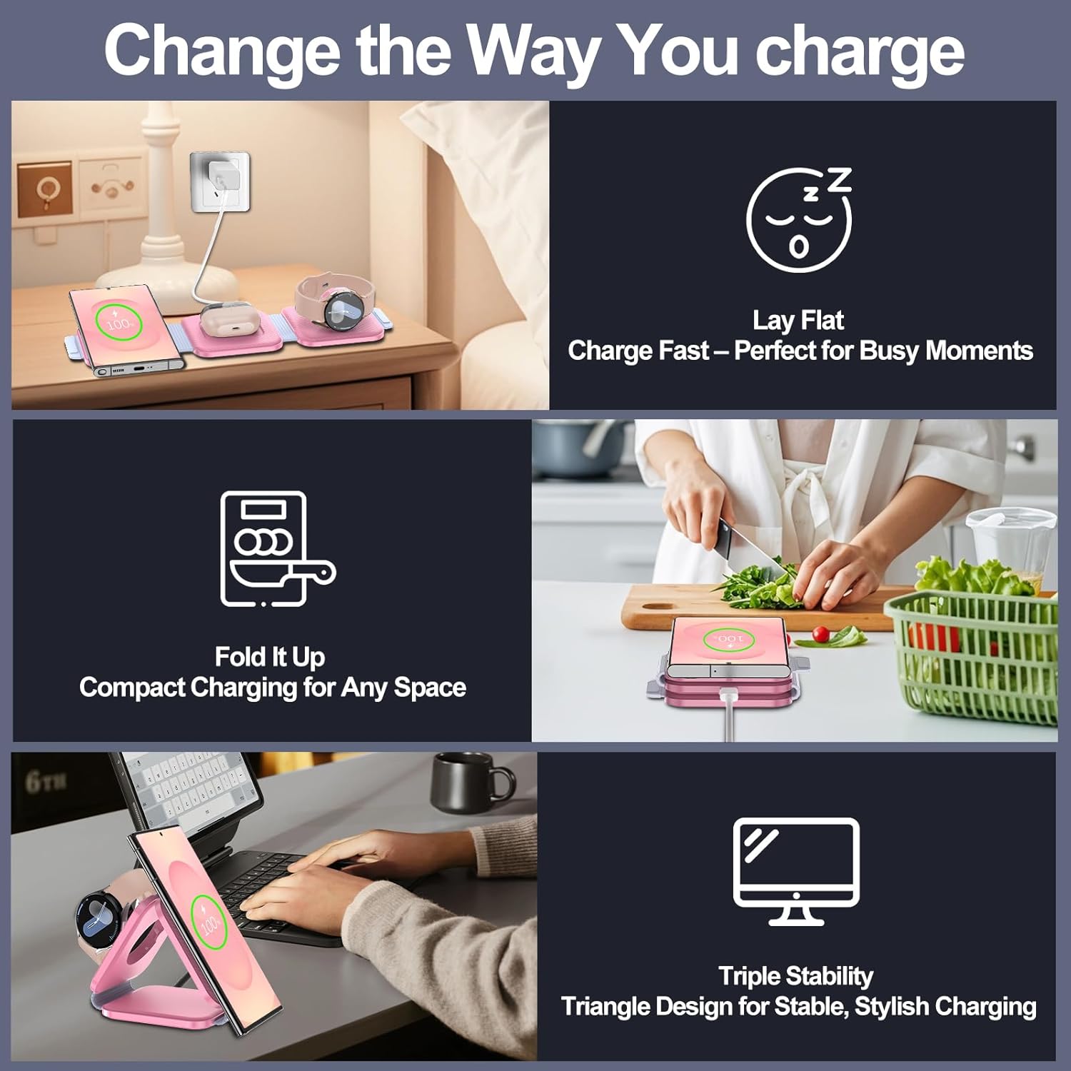 Foldable 3 in 1 Wireless Charger for Samsung Multiple Devices, Travel Wireless Charging Station/Stand for Galaxy S25 Ultra/S24/Z Fold Flip 6/5, Charger Dock Stand for Samsung Watch 7, Buds Pro3（Pink） - Image 4