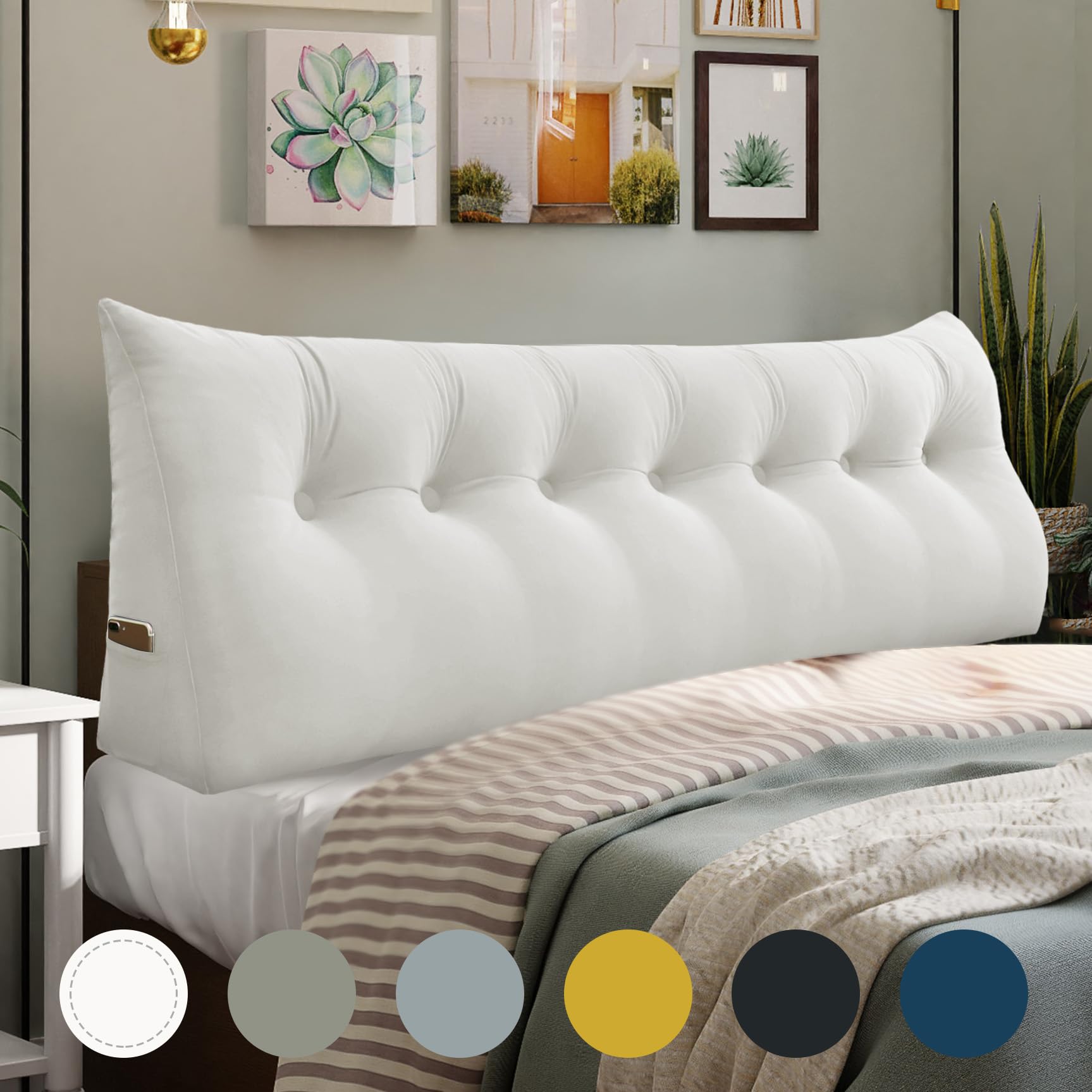 WOWMAX 100% Cotton Velvet Headboard Pillow – King Size Wedge Back Support Reading Bolster for Bed & Daybed, Handmade Firm Support Cushion with