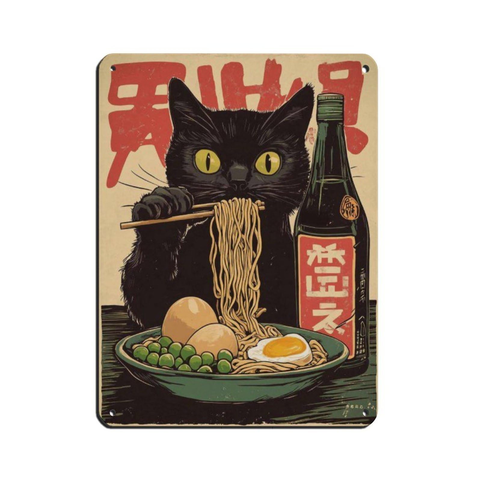 Lxwnze 30L X 40W Cm Japanese Ramen Cat Art Poster, Tin Sign Vintage Metal Pub Club Cafe Bar Home Wall Art Decoration Poster Retro 12X16inch(30X40cm)