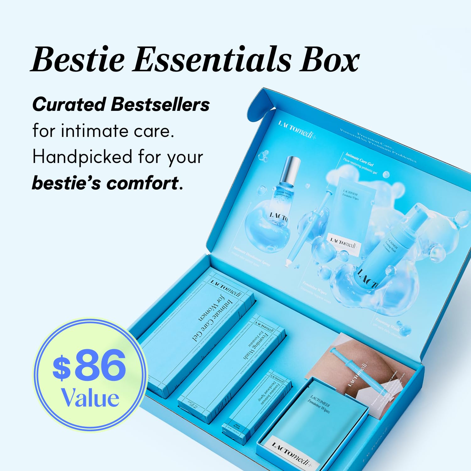 LACTOMEDI Bestie Box Intimate Care Kit – pH Balanced Feminine Hygiene Set with Intimate Care Gel, Foaming Wash, Deodorant Spray & Feminine Wipes for Daily Freshness