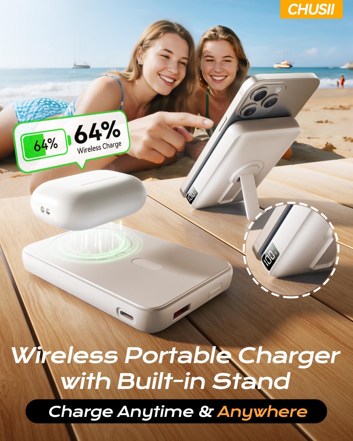 for Magsafe Portable Charger, 12000mAh Wireless Magnetic Power Bank with Stand& PD 20W Fast Charging, for Magsafe Battery Pack Compatible with iPhone 17/16/15/14/13 Series, Powerbank for Travel,Ivory