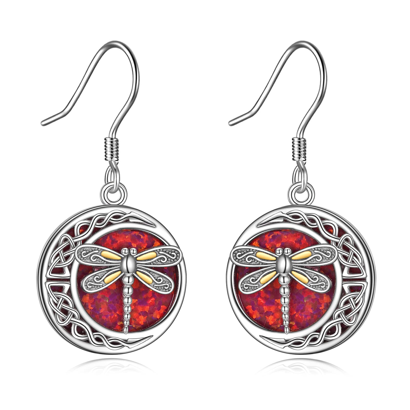 AXOMY Dragonfly Earrings 925 Sterling Silver Celtic Dragonfly Earrings Irish Dragonfly Dangle Earrings Red Opal Celtic Jewelry for Women.