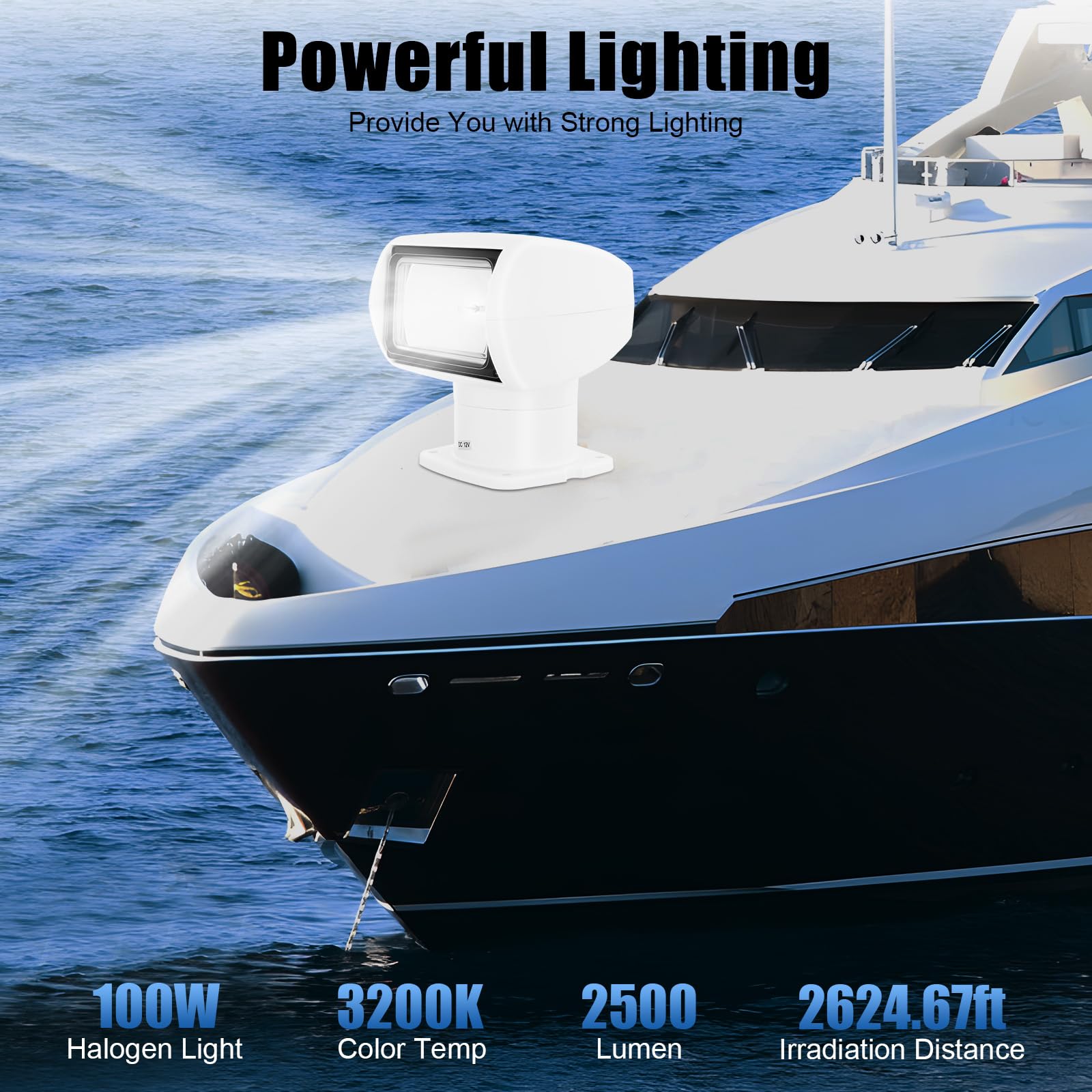 XUFOPLY Boat Search Light, 100W 2500LM Truck Car Boat Searchlight DC 12V Remote Spotlight 360° Rotate Remote Control Marine Halogen Spotlight for Water Operations of Yacht, Coast Guard (White)