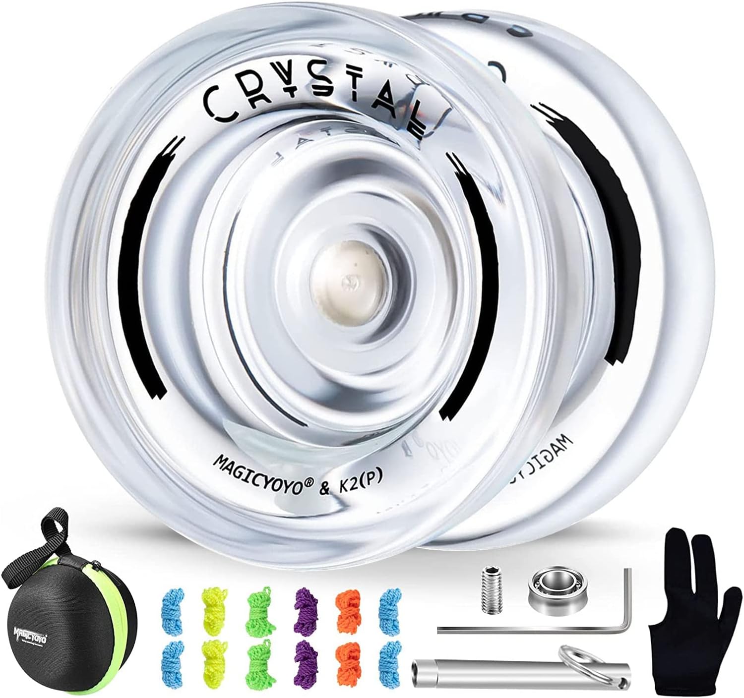 MAGICYOYO K2 Crystal White Responsive Yoyo Kids Beginner Plastic Trick Yoyo Dual Purpose Professional Yoyo Non-reactive Bearing Kit + 12 Yo-Yo Strings+Storage Case