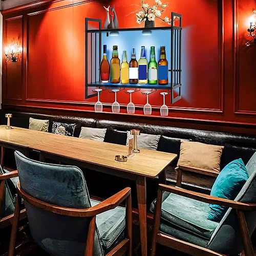 Miniatura 7 de Estante de vino LED montado en la pared, estante para botellas de vino, soporte de metal para colgar vino con 5 soportes de vidrio para almacenar