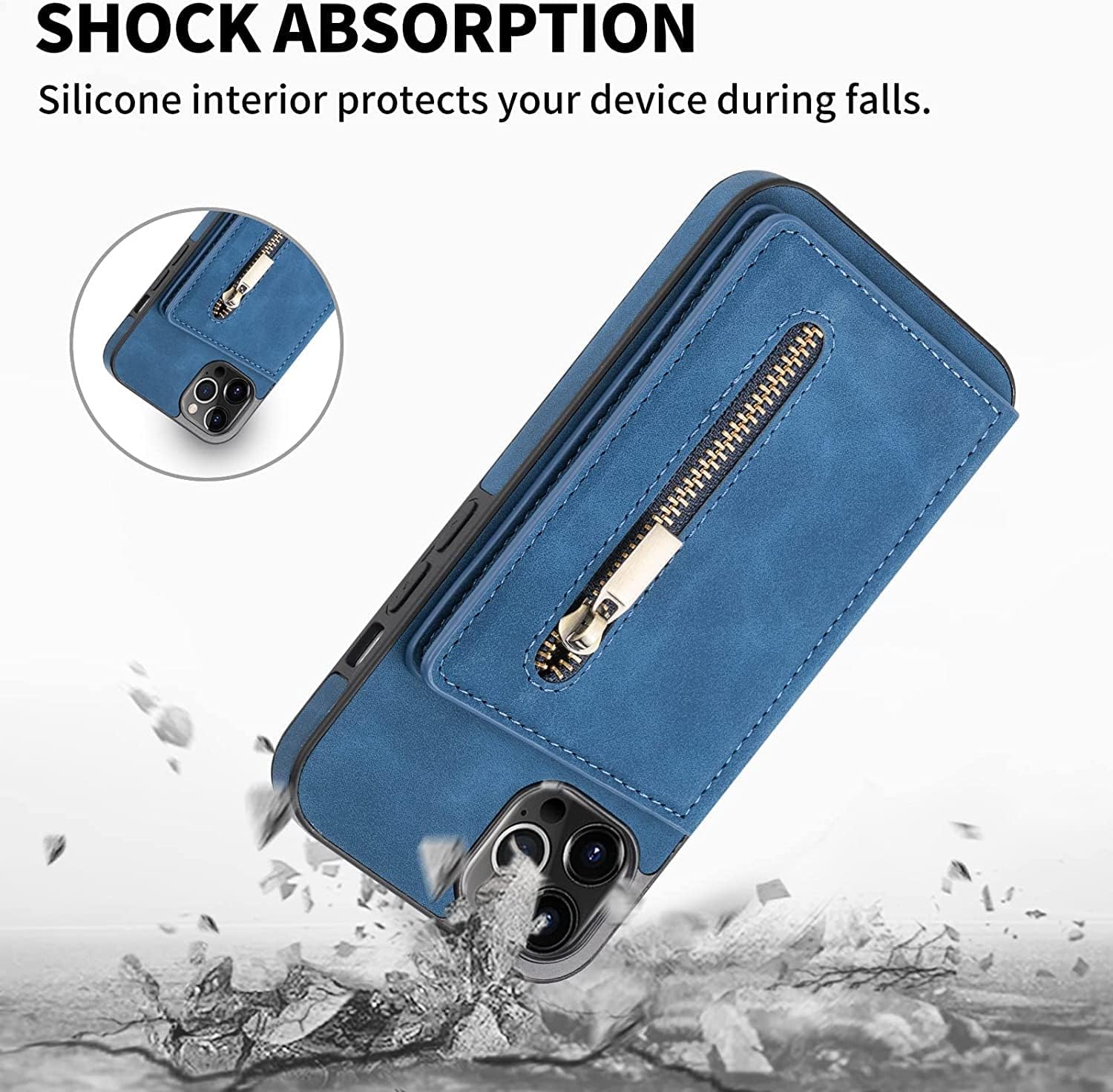 Case for iPhone 14/14 Plus/14 Pro/14 Pro Max with Card Holder, Flip Premium Leather Zipper Pocket Wallet Slim Back Case Magnetic Clasp Shockproof Stand Cover (Color : Blue, Size : 14ProMax)