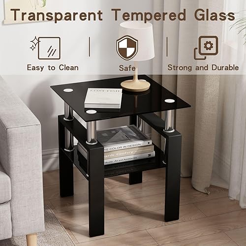 Miniatura 6 de Meihua Mesa auxiliar de cristal, mesa auxiliar cuadrada de cristal, mesita de noche moderna de 2 niveles con patas de metal para sala de estar y