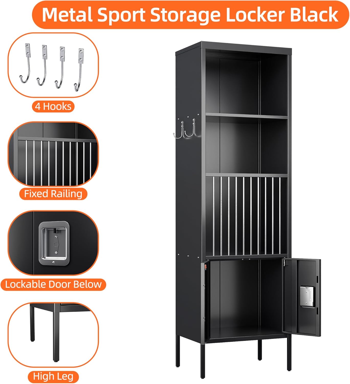 Aobabo Metal Lockers for Employees, Indoor Outdoor Sports Cabinet for Garage, Ball Storage Organizer Gear Locker with Lock Door and Hooks, Black, Assembly Required