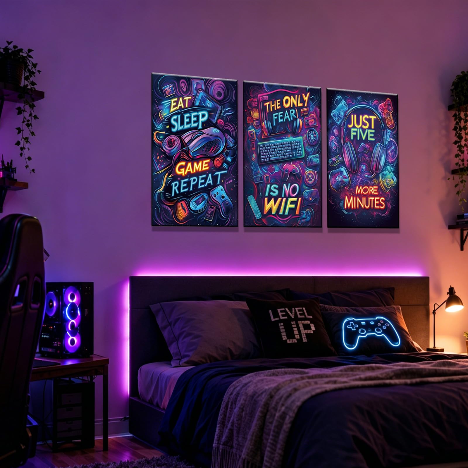 Yolbcdr Neon Gaming Canvas Wall Art Set di 3, 40,6 x 61 cm | Decorazione da parete colorata per videogiochi, set di poster per videogiochi al neon, stanza dei giochi