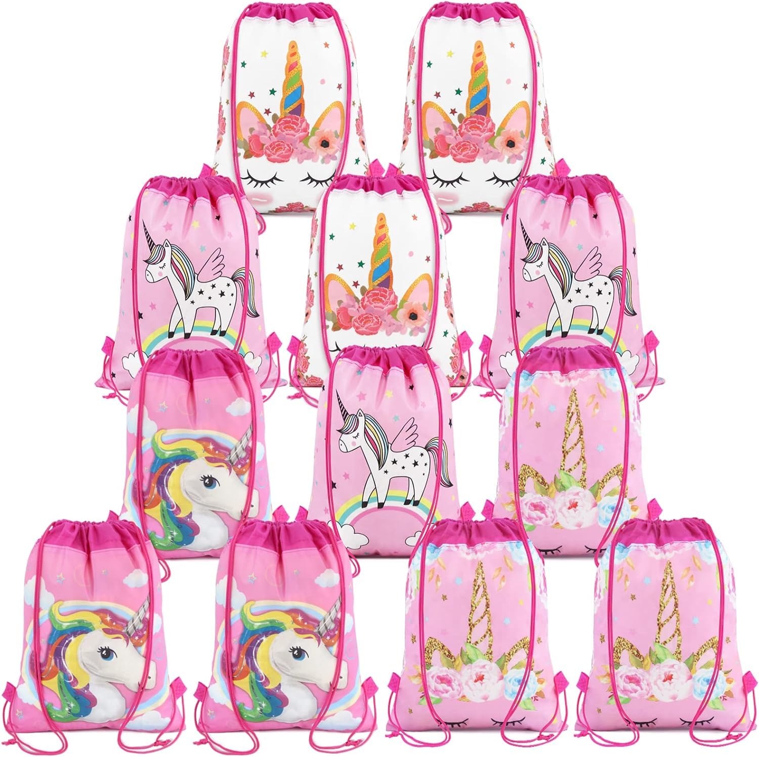 Newthinking Unicorn Drawstring Party Bags 12 Pack, Non-woven Fabric Kids Unicorn Drawstring Backpacks Party Favor Bags for Girls