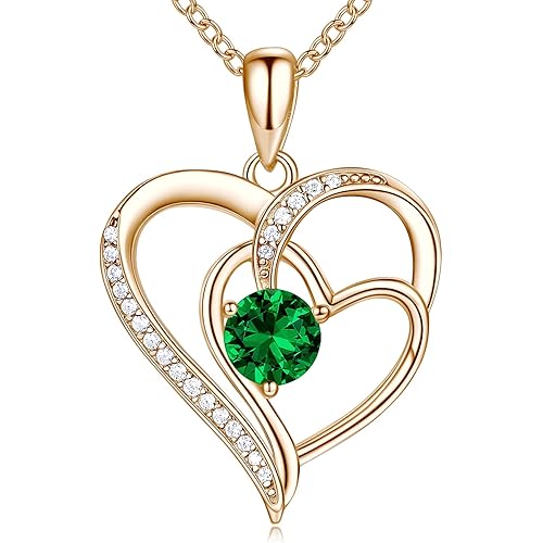 Heart Necklace for Women, 18K Gold Over 925 Sterling Silver Necklace for Women with a Gemstone Birthstone, Sterling Silver, Cubic Zirconia 42+8cm