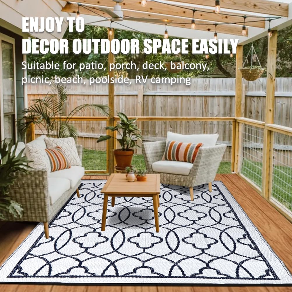 Pendolr 5’x8’ Outdoor Rug Waterproof Carpet Patio Outdoor Plastic Straw Rug Camping Rug Reversible Outside Outdoor Area Rug for Balcony Deck Backyard RV Picnic Beach Navy&White 01#