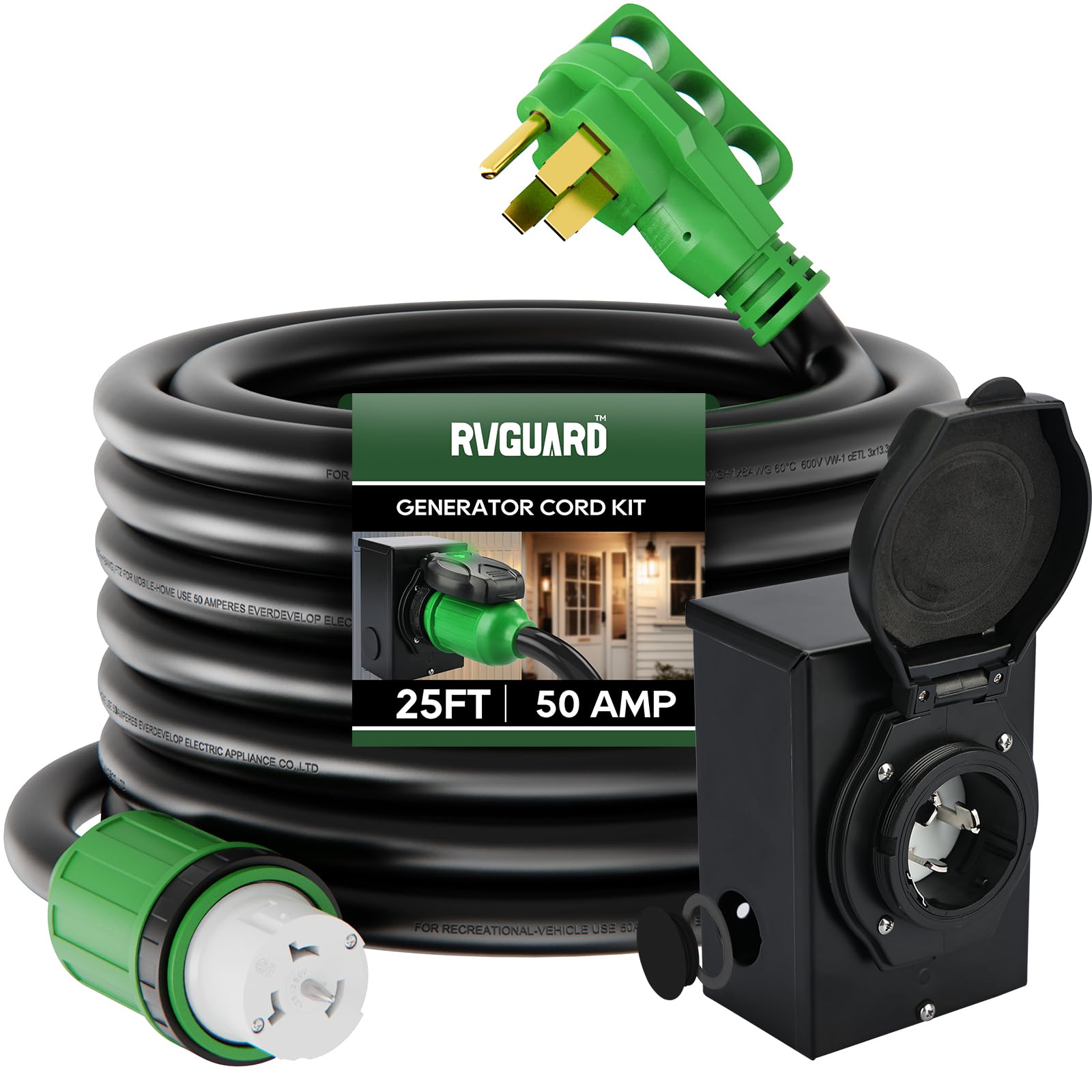 RVGUARD Prolunga 50 Amp 15 Piedi Per Camper E VE - Cavo NEMA 14-50P/R Con Indicatore Polarità, Organizer Incluso, Verde, ETL - 3