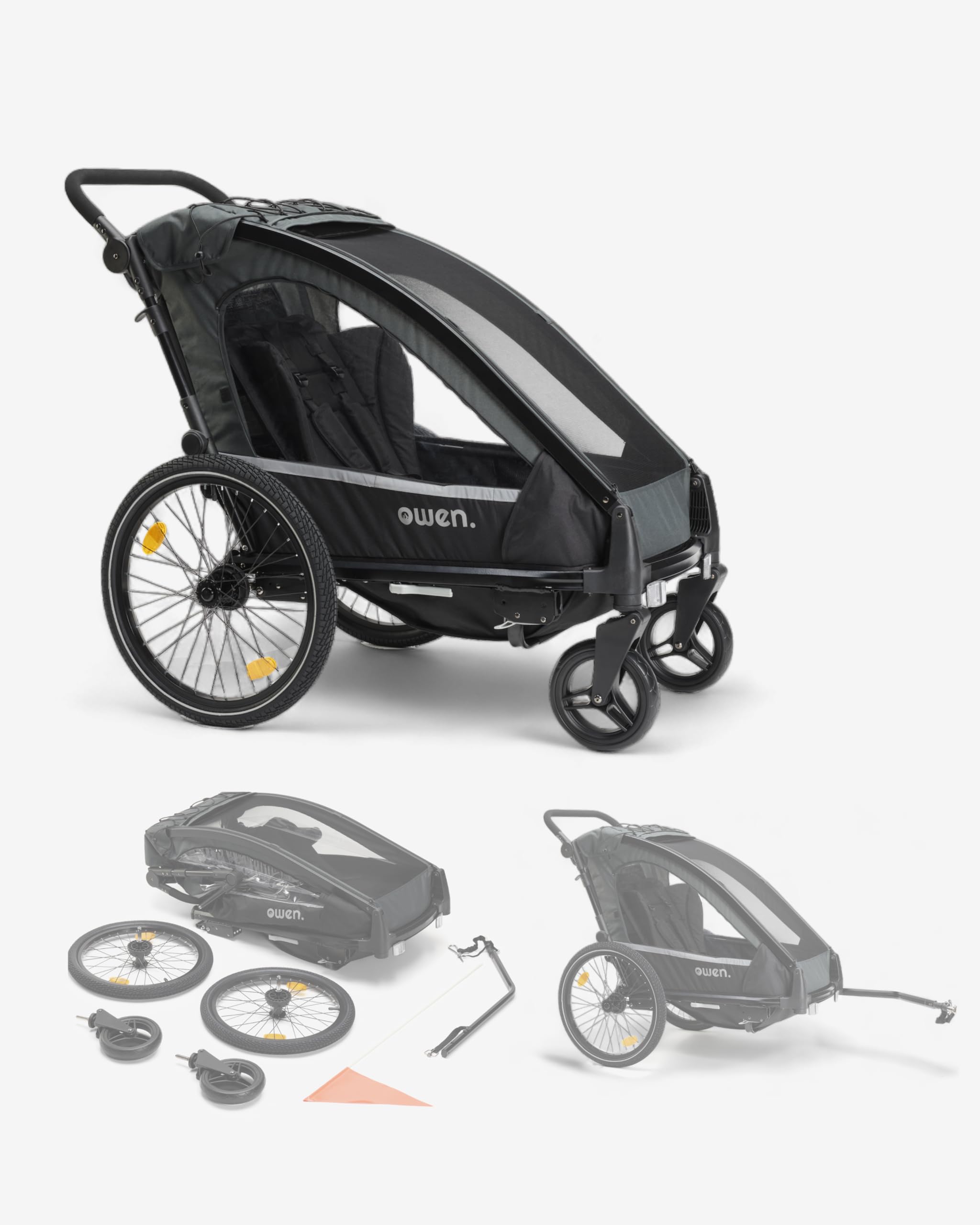 Owen Kinderanhänger | 2-in-1 Kit Fahrradanhänger 1 Kind | 5-Punkt-Gurt | 15,5 kg Fahrrad Anhänger | Kinderwagen mit Fahrradverbindungsarm | Inklusive Regen- und Sonnenschutz