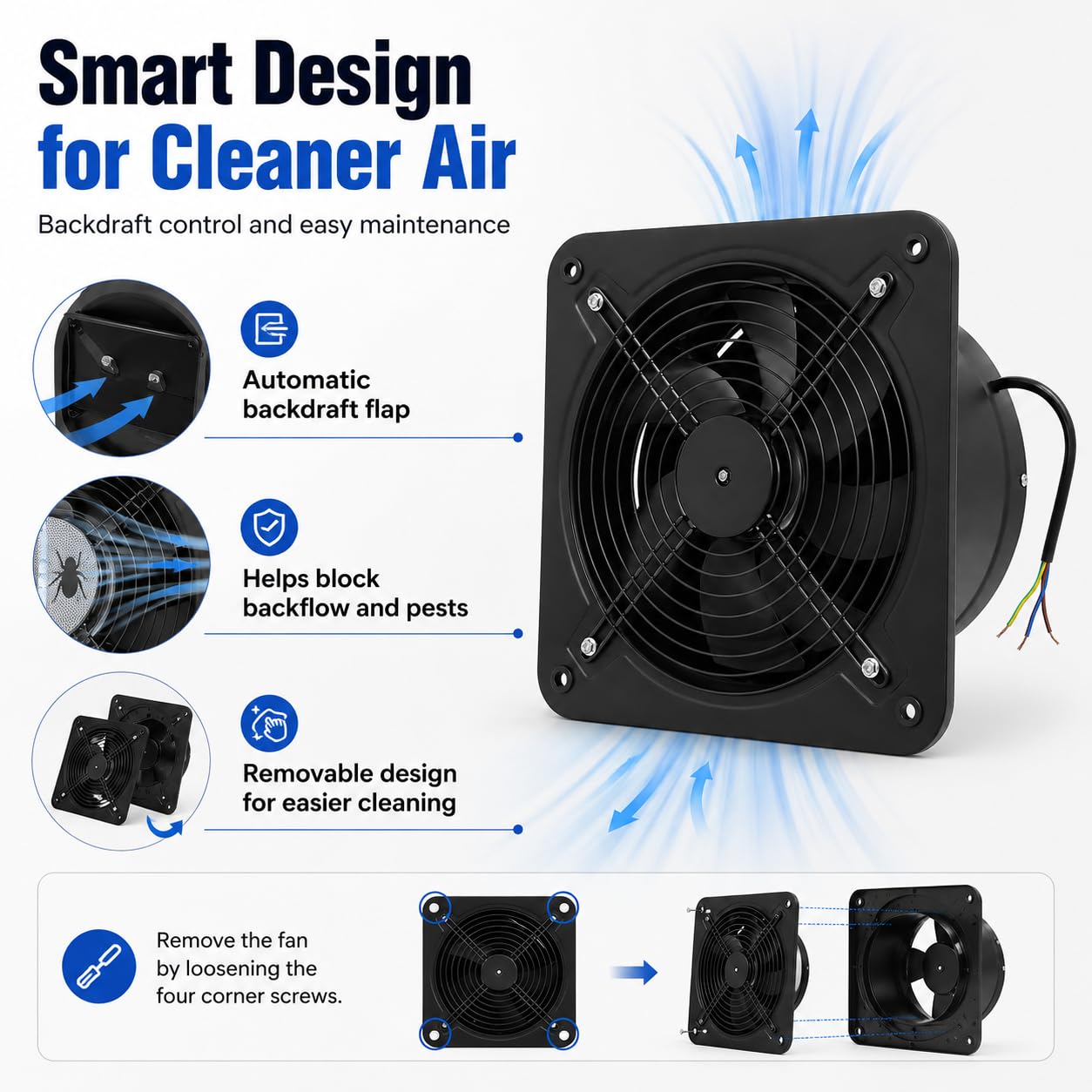 Ventilador extractor de 300 mm, 2600 rpm, 2850 m³/h, ventilador de pared, ventana, para cocina, baño, garaje, color negro