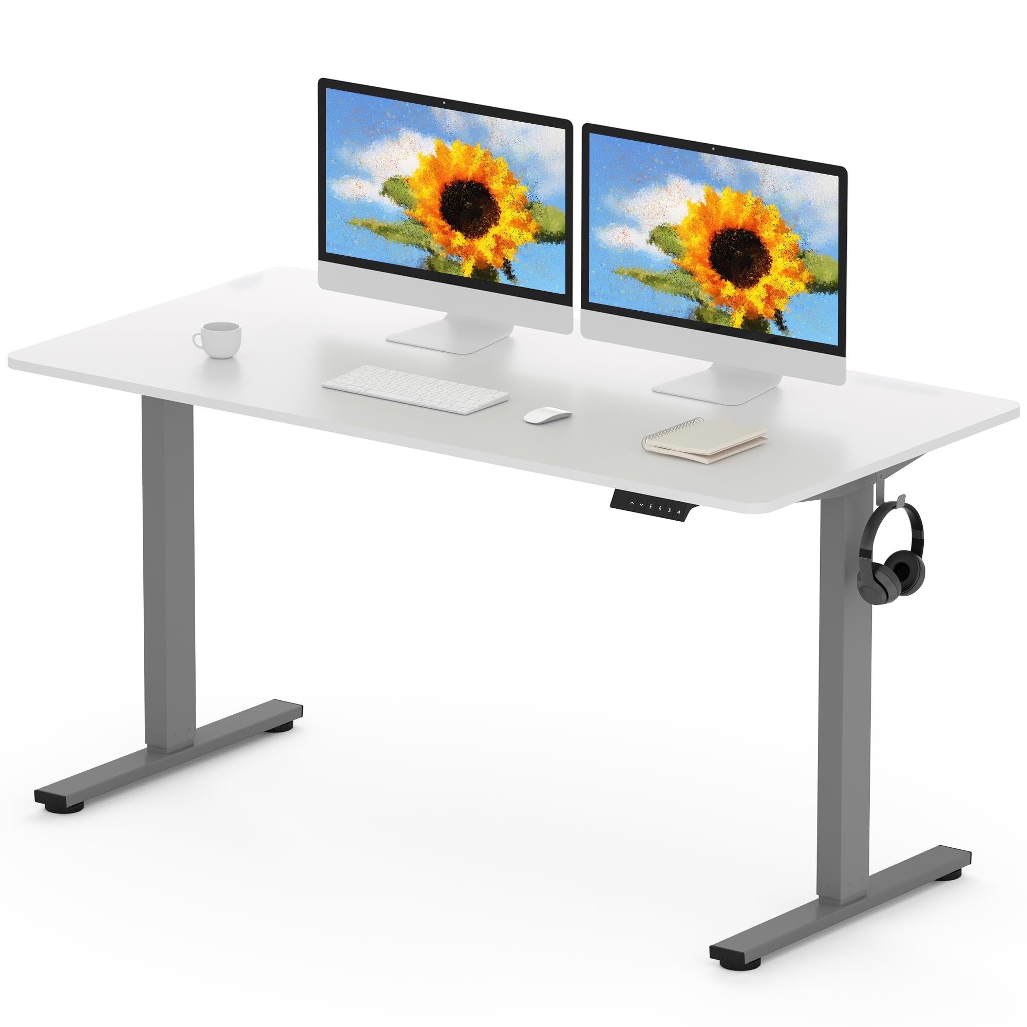 FLEXISPOT 140 x 80cm Electric Standing Desk ONE PIECE Height Adjustable Desk Sit Stand Desk with 4 Memory Smart Panel and Backpack Hook for Home Office, (Gris Frame+White Desktop)