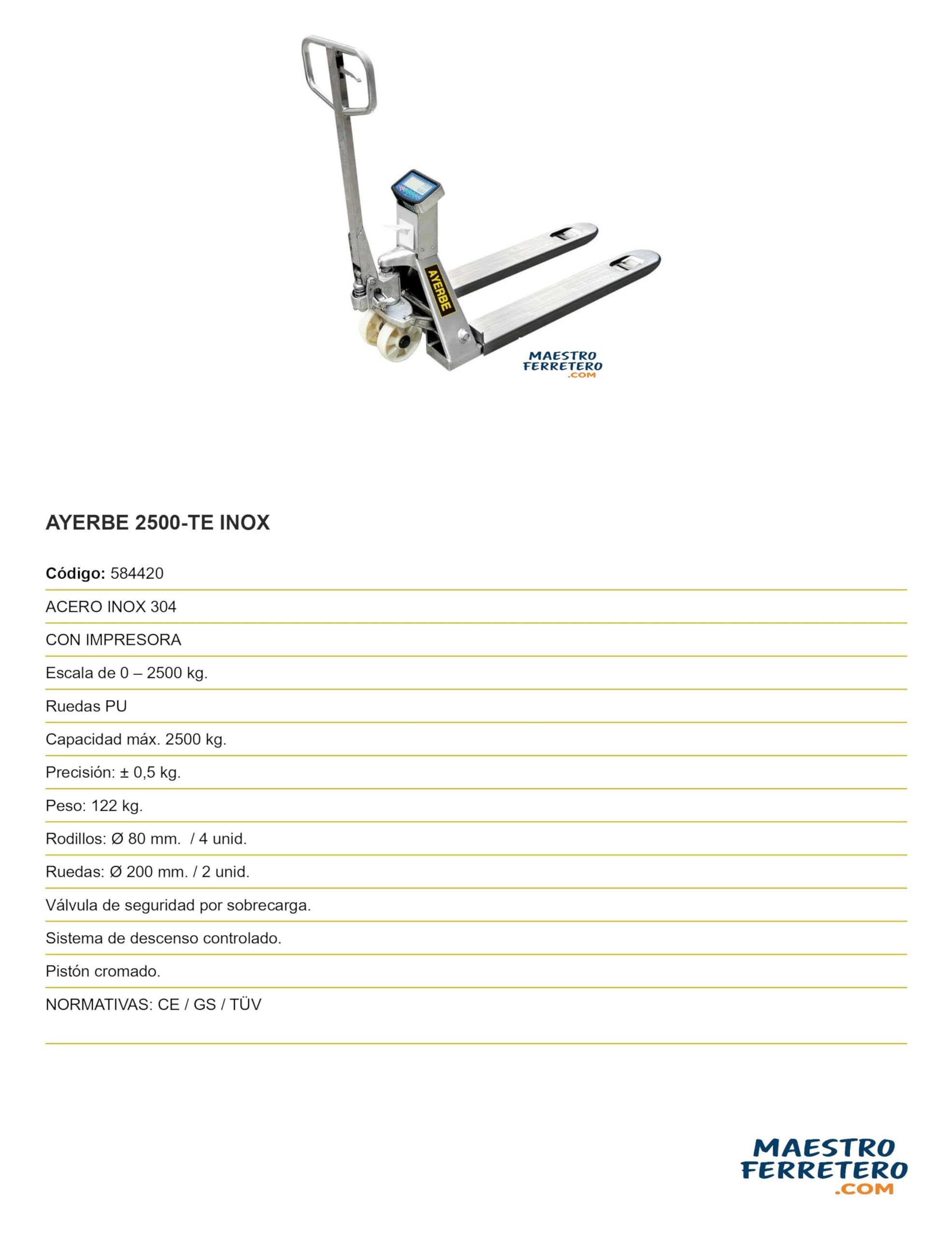 Transpaleta Inoxidable con Impresora 2500 kg Acero INOX 304 Precisión ±0,5 kg Ruedas PU CE GS TÜV