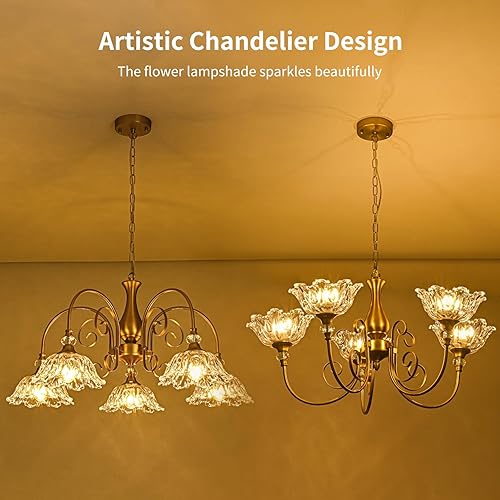 Miniatura 3 de 5-Light Vintage Chandeliers in Matte Brass Finish with Crystal Glass Shades, Retro Chandelier Light for Dining Room,Hallway,Kitchen