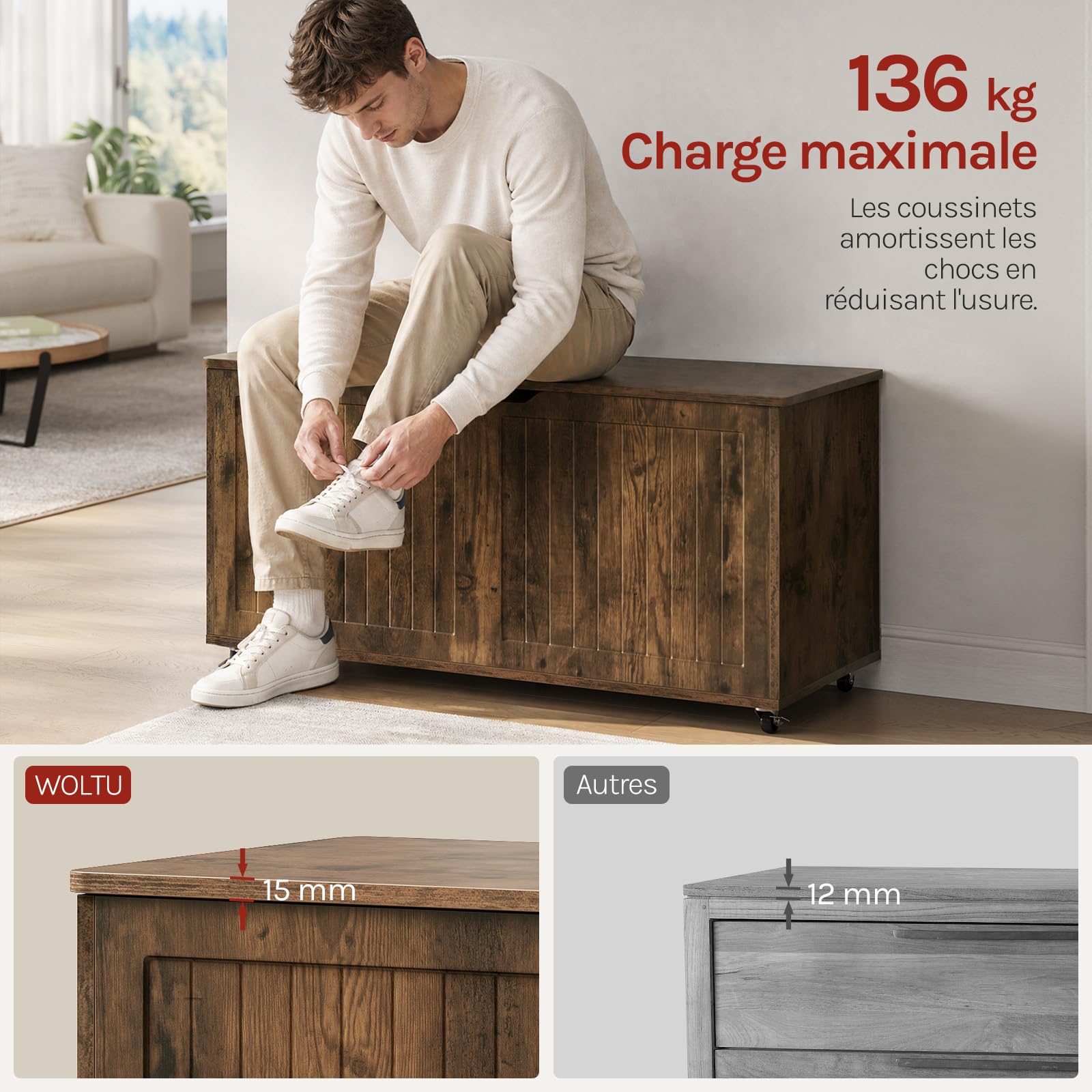 WOLTU Banc de Rangement à roulettes, 100 x 50,5 x 40 cm, Coffre de Rangement avec Couvercle Rabattable à Charnières, pour Chambre, Entrée, Salon, Brun Rustique