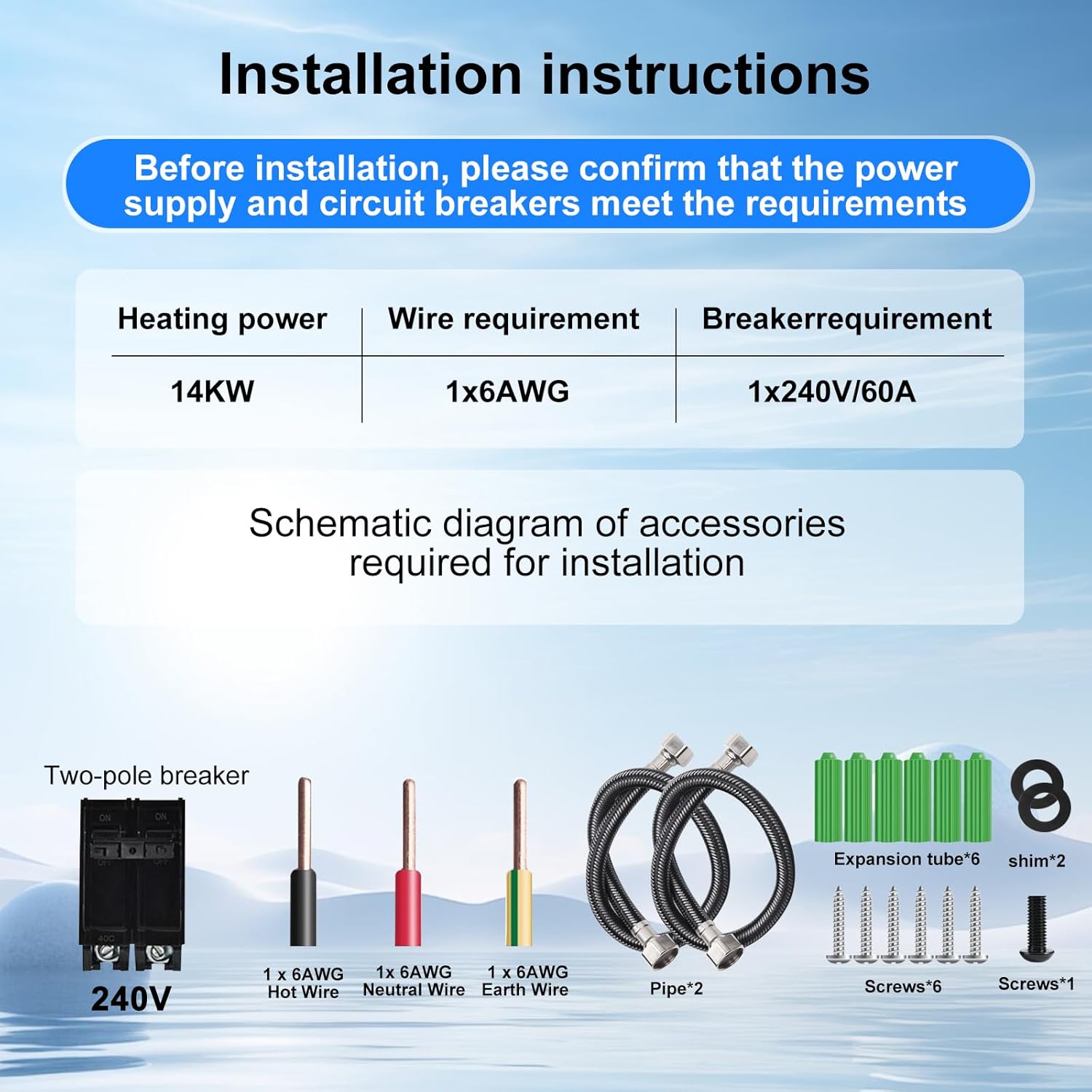 Diagram illustrating safety features of the GEESEN tankless water heater including corrosion-proof parts, electrical discharge protection, dry heating protection, and high temperature protection.