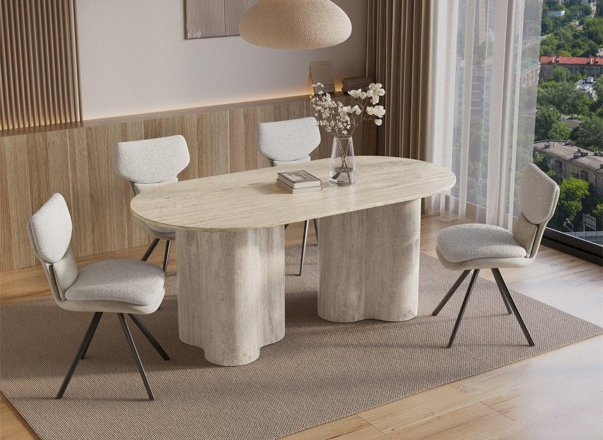 DecoInParis Table à Manger en marbre Composite Beige Pieds Forme Organique 6 Personnes 180cm VANINA